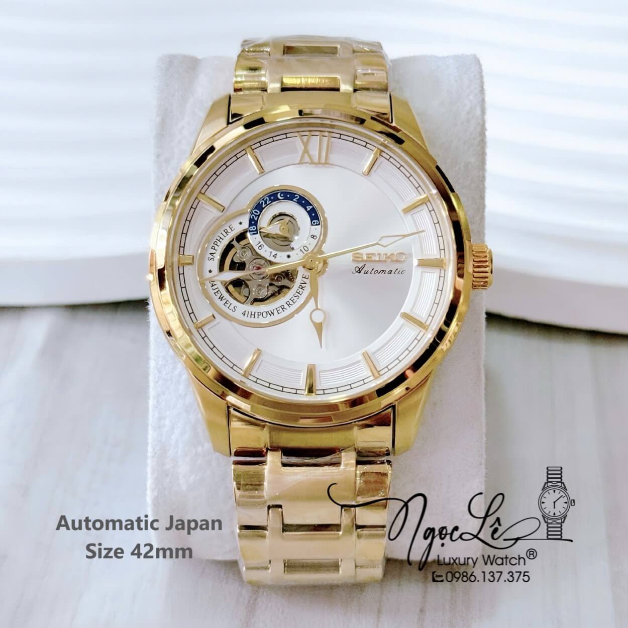 Đồng Hồ Nam Seiko Cơ Tự Động Kim Loại Vàng Mặt Trắng 42mm