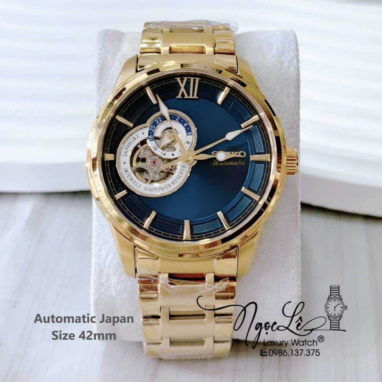 Đồng Hồ Nam Seiko Cơ Tự Động Kim Loại Vàng Mặt Xanh Dương 42mm