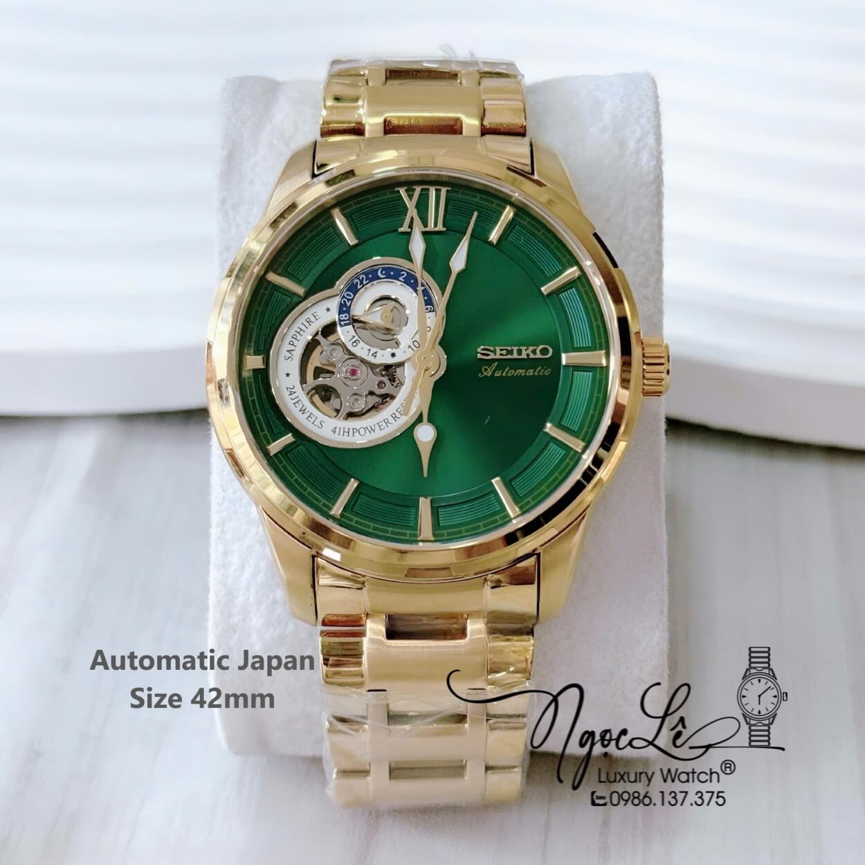 Đồng Hồ Nam Seiko Cơ Tự Động Kim Loại Vàng Mặt Xanh Lá 42mm
