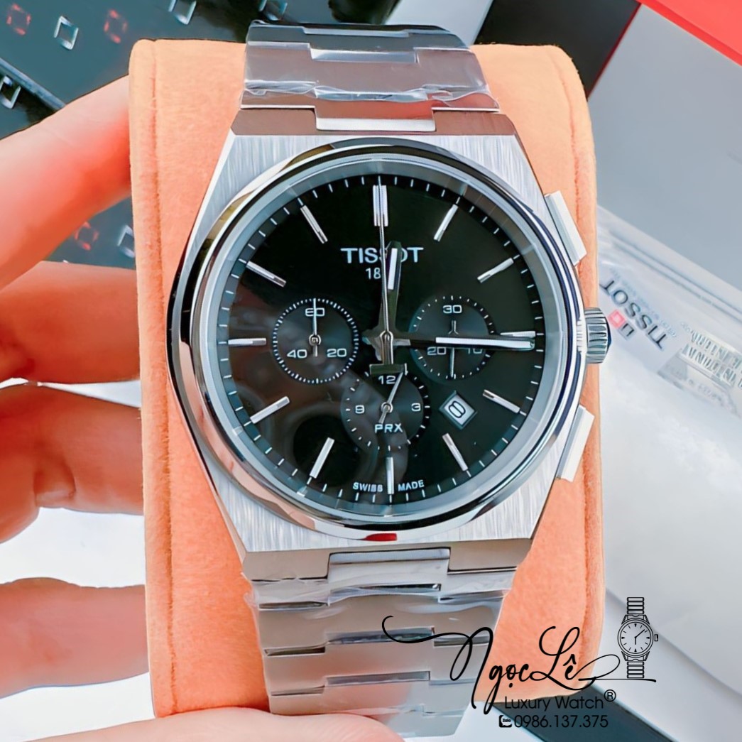 Đồng Hồ Nam Tissot PRX 6 Kim Dây Kim Loại Màu Bạc Mặt Đen Size 42mm