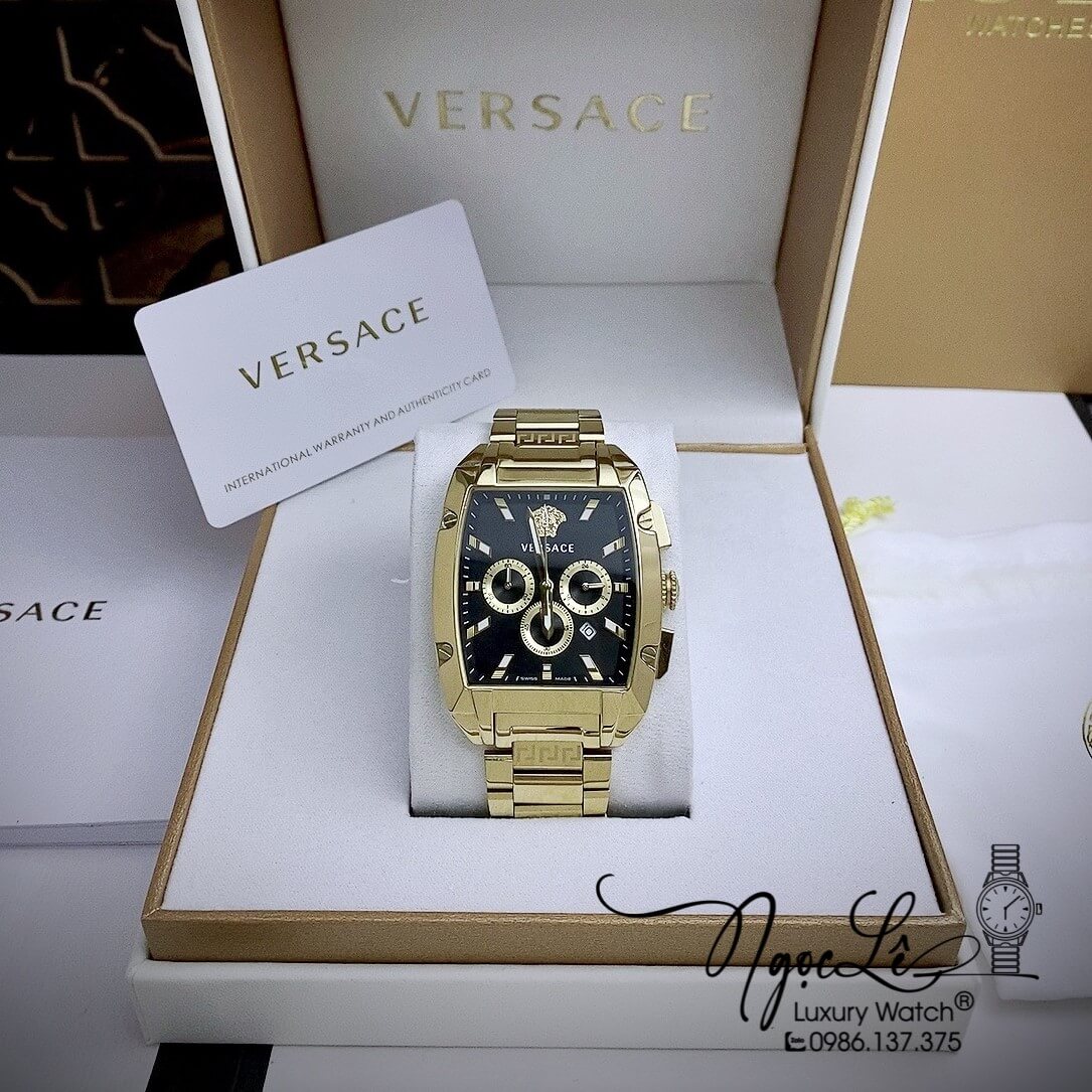 Đồng Hồ Nam Versace Dominus Dây Kim Loại Vàng Mặt Đen Size 42X49.5mm