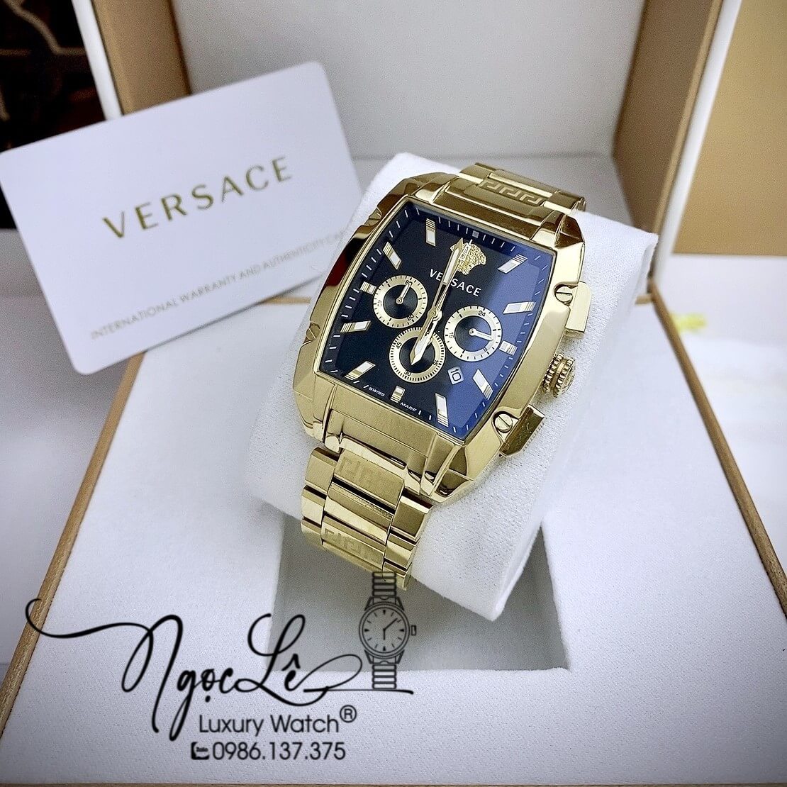 Đồng Hồ Nam Versace Dominus Dây Kim Loại Vàng Mặt Đen Size 42X49.5mm