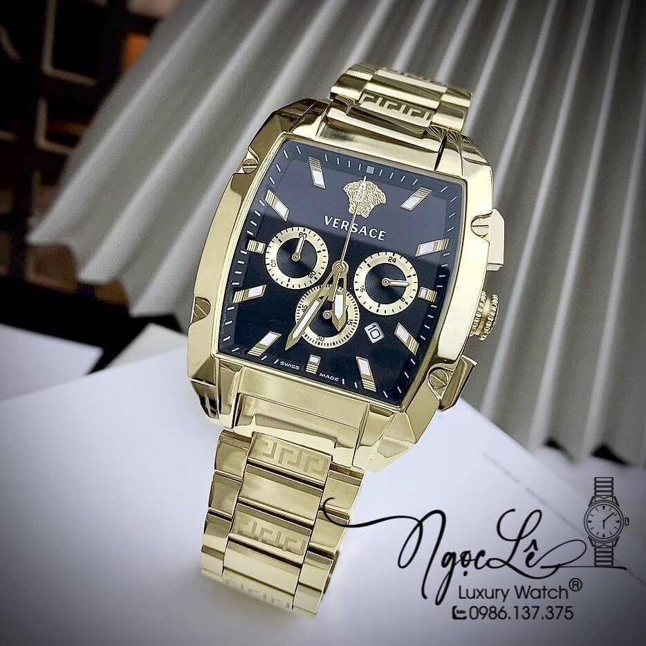Đồng Hồ Nam Versace Dominus Dây Kim Loại Vàng Mặt Đen Size 42X49.5mm