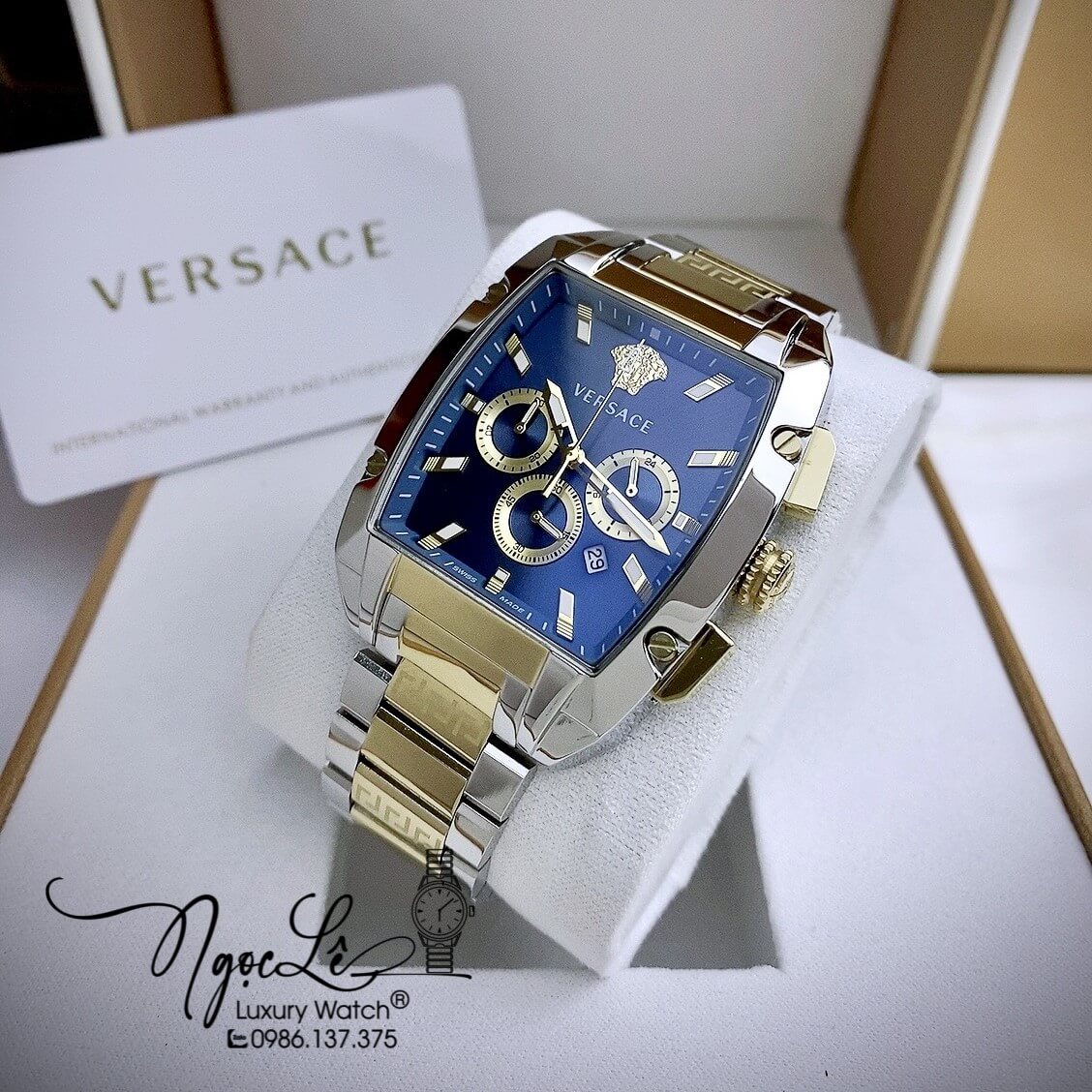 Đồng Hồ Nam Versace Dominus Dây Kim Loại Demi Vàng Mặt Xanh Size 42X49.5mm