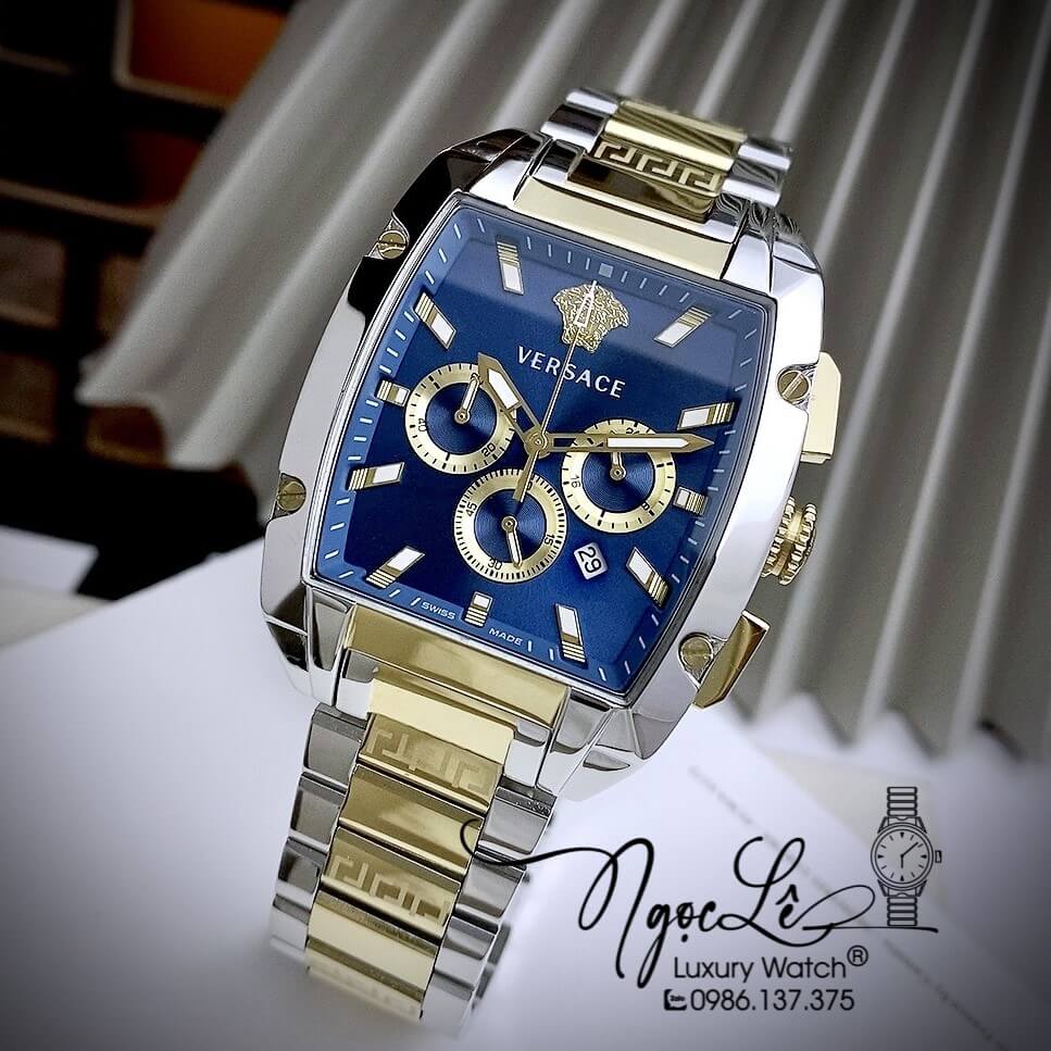 Đồng Hồ Nam Versace Dominus Dây Kim Loại Demi Vàng Mặt Xanh Size 42X49.5mm