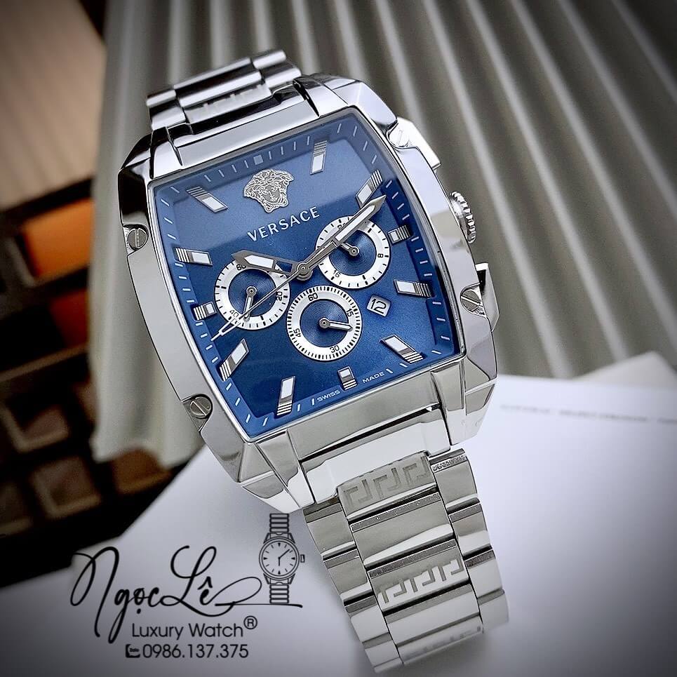 Đồng Hồ Nam Versace Dominus Dây Kim Loại Màu Bạc Mặt Xanh Size 42X49.5mm