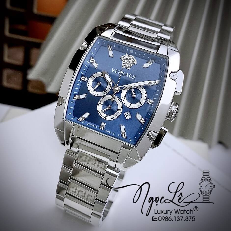 Đồng Hồ Nam Versace Dominus Dây Kim Loại Màu Bạc Mặt Xanh Size 42X49.5mm