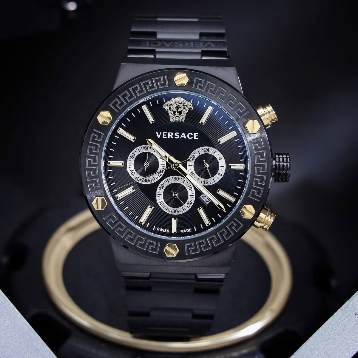 Đồng Hồ Nam Versace Greca Logo Chronograph Dây Thép Full Đen Size 43mm
