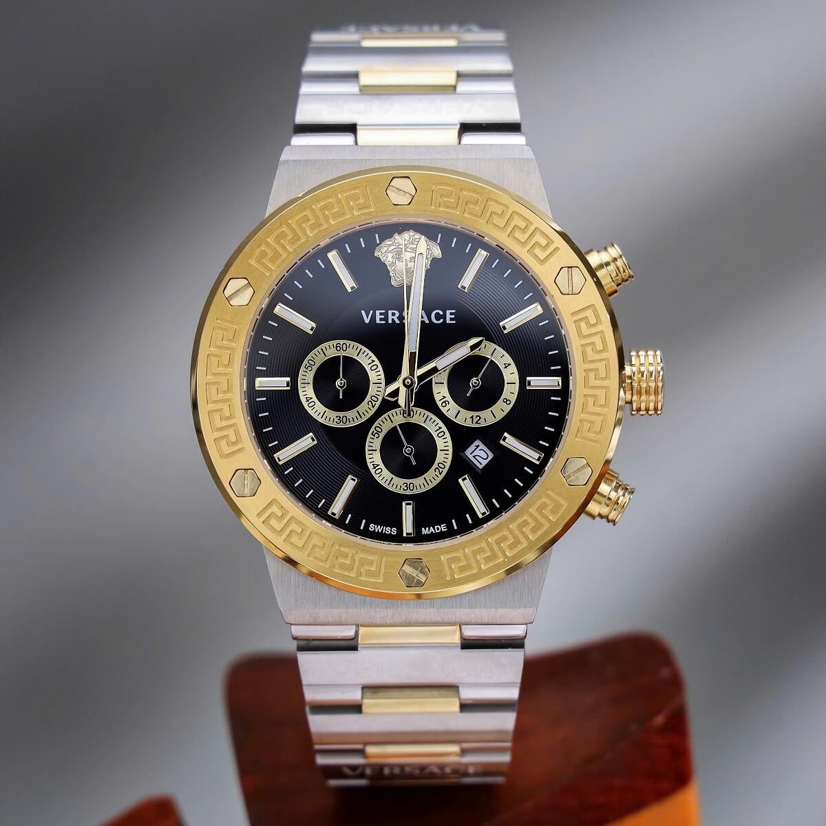 Đồng Hồ Nam Versace Greca Logo Chronograph Dây Thép Mặt Đen Demi Size 43mm