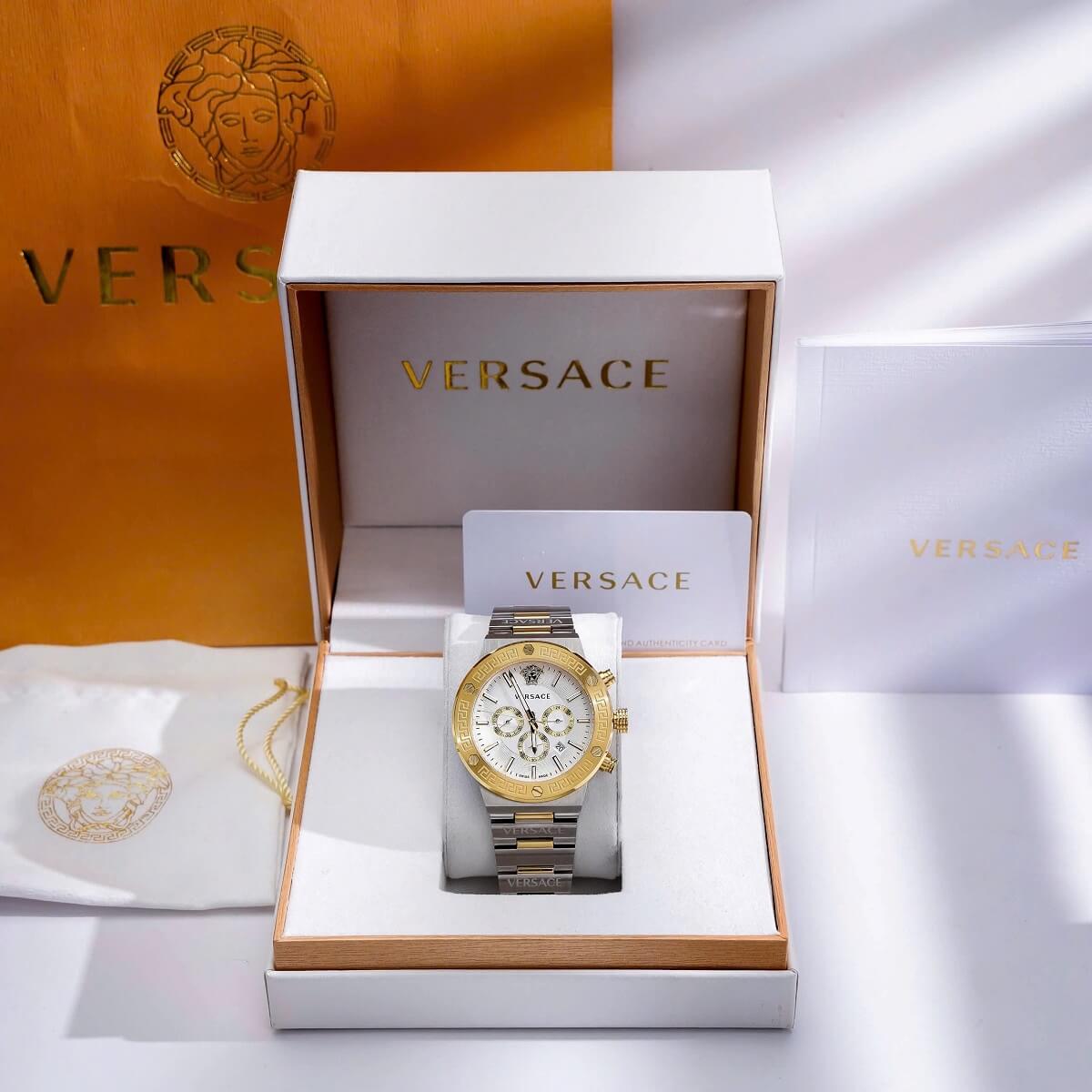 Đồng Hồ Nam Versace Greca Logo Chronograph Dây Thép Mặt Trắng Demi Size 43mm