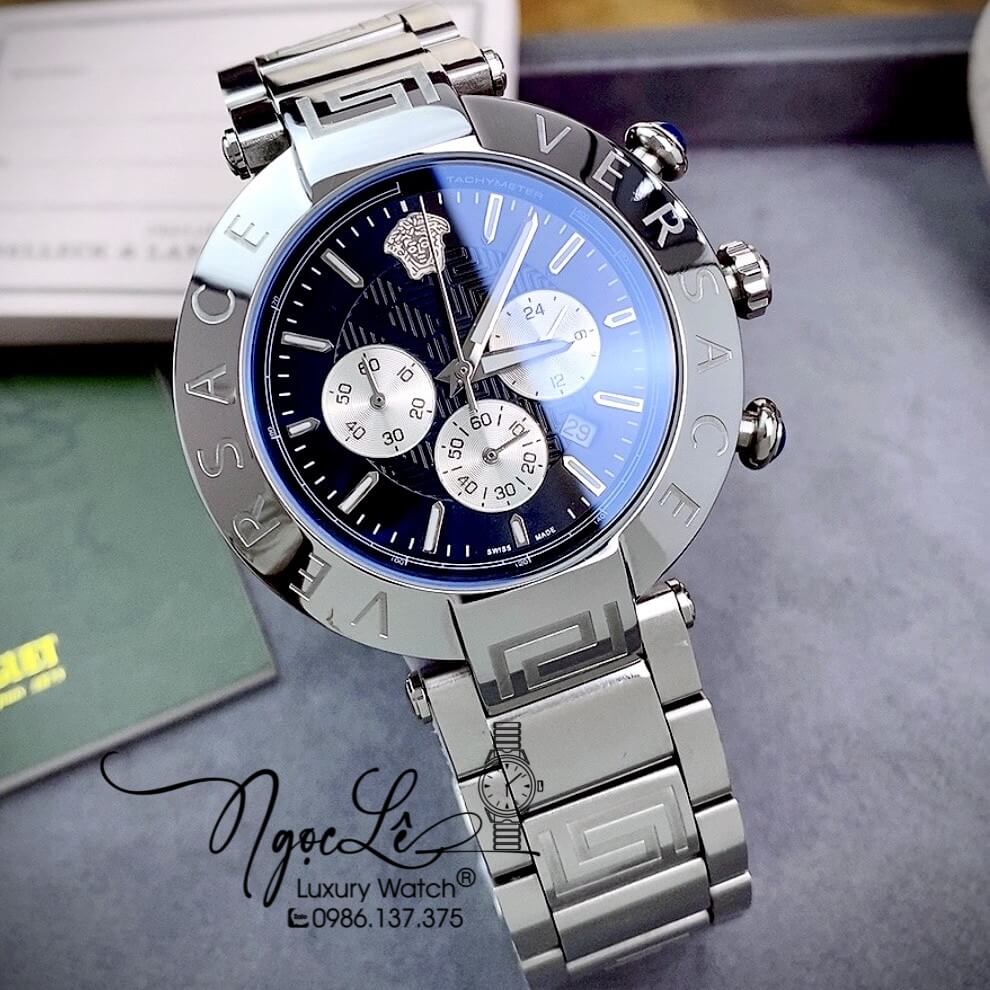 Đồng Hồ Nam Versace Reve Chrono Luminous Dây Kim Loại Bạc Mặt Đen Size 46mm