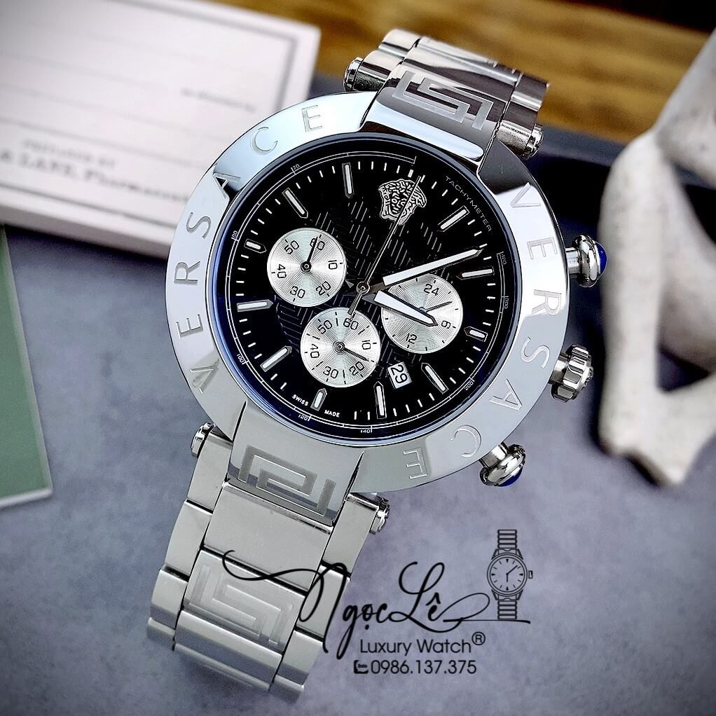 Đồng Hồ Nam Versace Reve Chrono Luminous Dây Kim Loại Bạc Mặt Đen Size 46mm