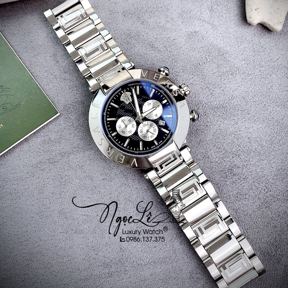 Đồng Hồ Nam Versace Reve Chrono Luminous Dây Kim Loại Bạc Mặt Đen Size 46mm