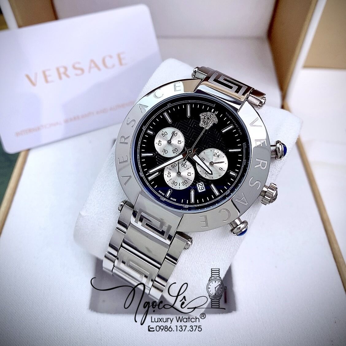 Đồng Hồ Nam Versace Reve Chrono Luminous Dây Kim Loại Bạc Mặt Đen Size 46mm
