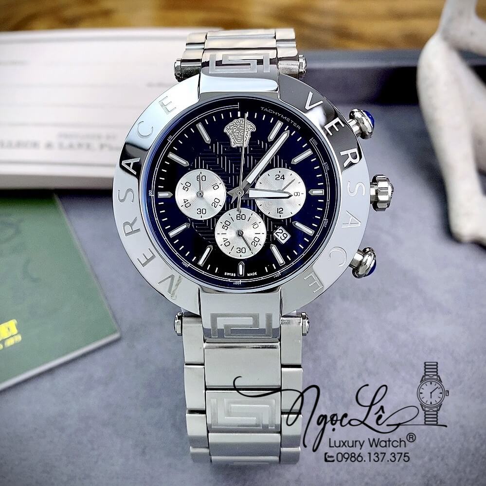 Đồng Hồ Nam Versace Reve Chrono Luminous Dây Kim Loại Bạc Mặt Đen Size 46mm
