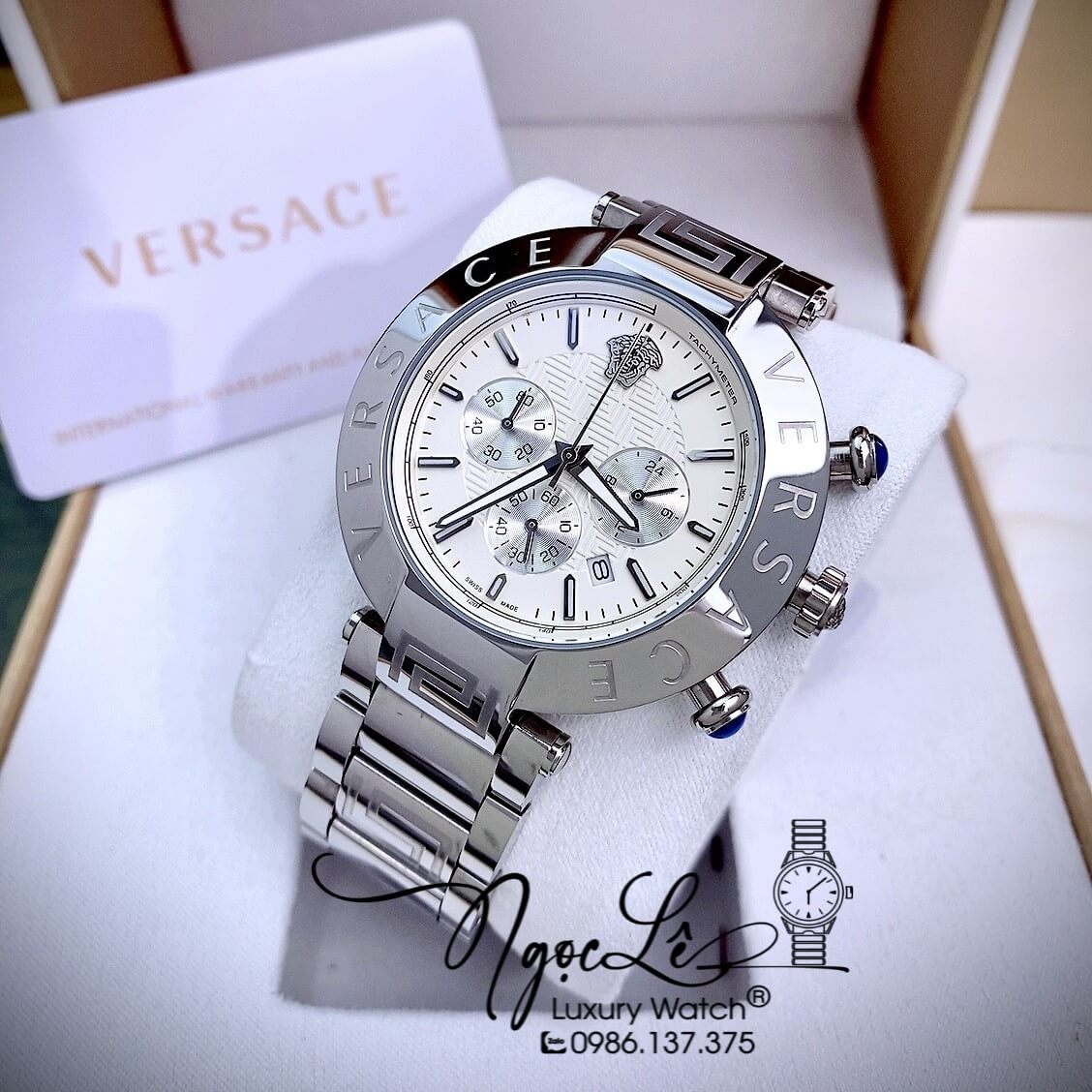 Đồng Hồ Nam Versace Reve Chrono Luminous Dây Kim Loại Bạc Mặt Trắng Size 46mm