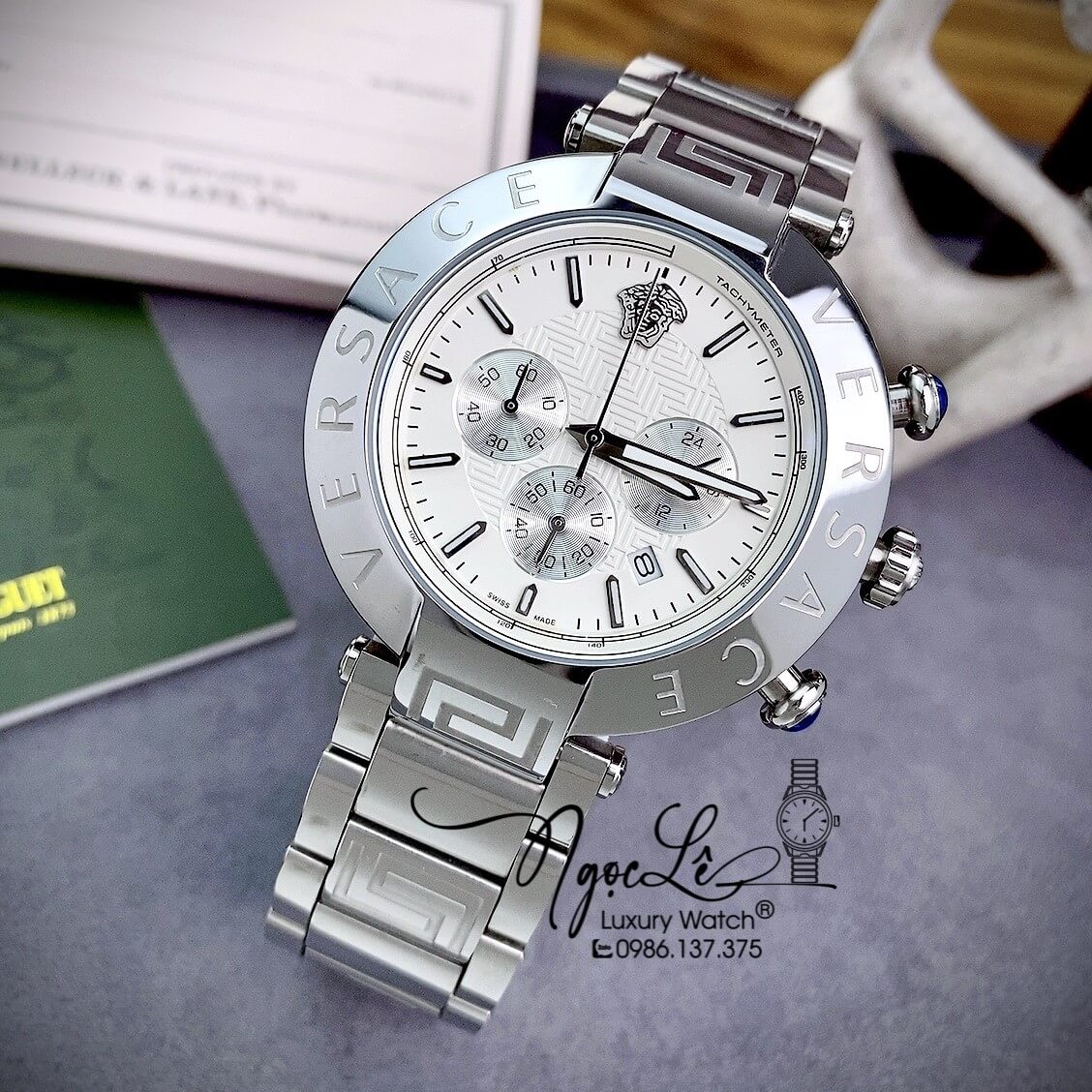 Đồng Hồ Nam Versace Reve Chrono Luminous Dây Kim Loại Bạc Mặt Trắng Size 46mm