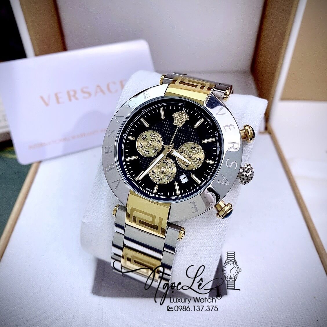 Đồng Hồ Nam Versace Reve Chrono Luminous Dây Kim Loại Demi Mặt Đen Size 46mm