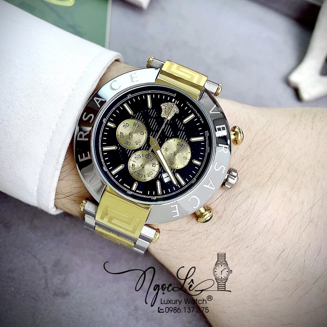 Đồng Hồ Nam Versace Reve Chrono Luminous Dây Kim Loại Demi Mặt Đen Size 46mm