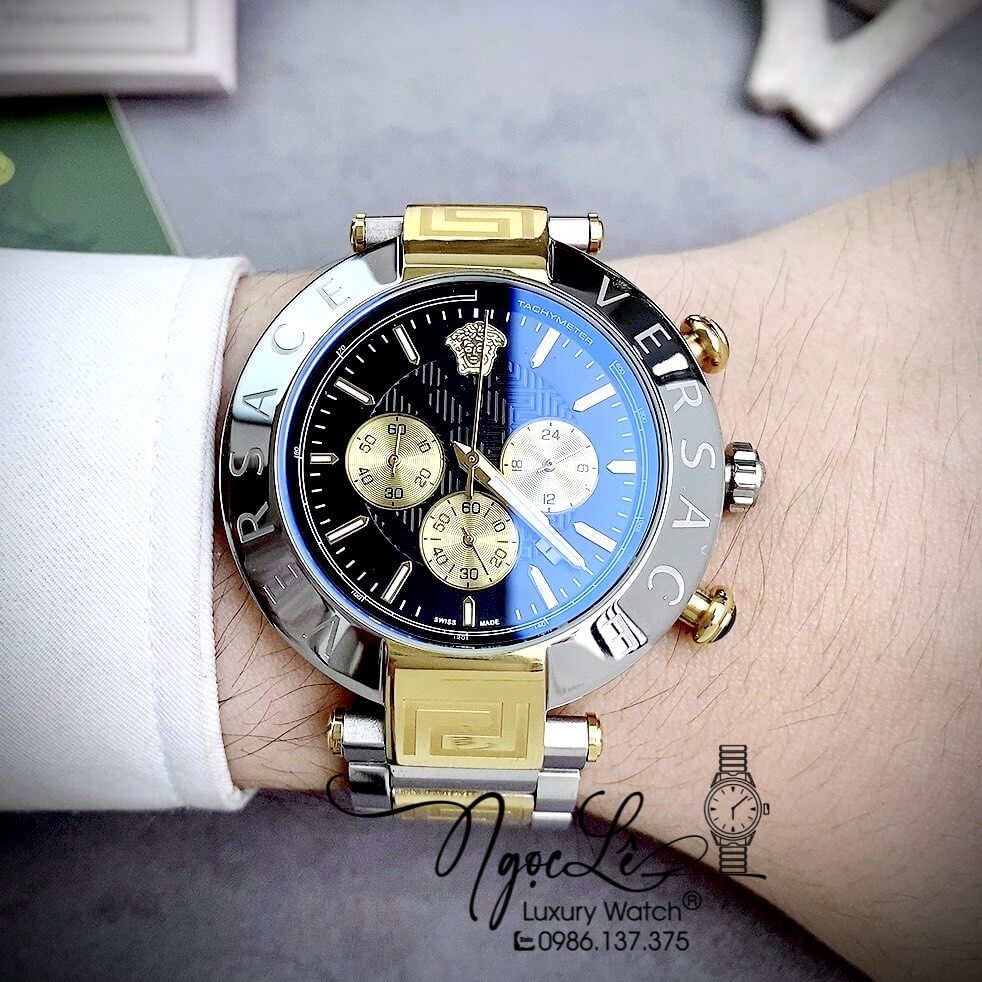 Đồng Hồ Nam Versace Reve Chrono Luminous Dây Kim Loại Demi Mặt Đen Size 46mm