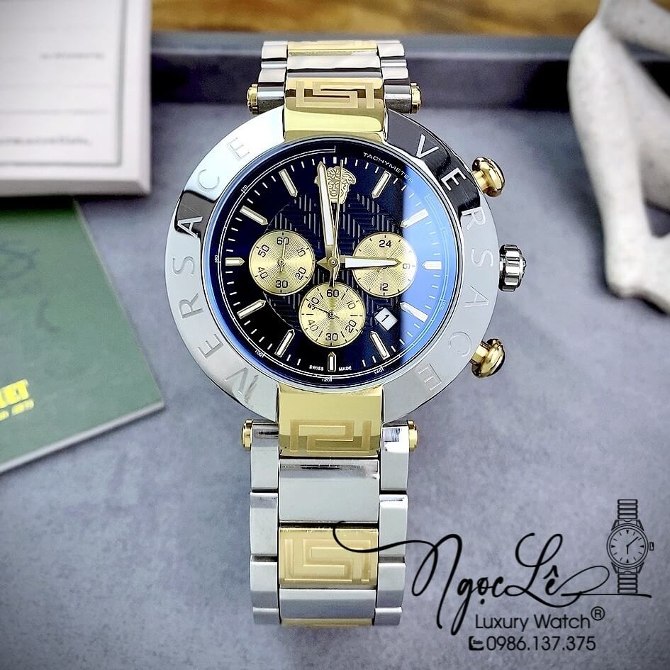 Đồng Hồ Nam Versace Reve Chrono Luminous Dây Kim Loại Demi Mặt Đen Size 46mm