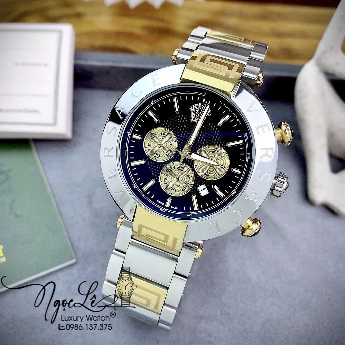 Đồng Hồ Nam Versace Reve Chrono Luminous Dây Kim Loại Demi Mặt Đen Size 46mm