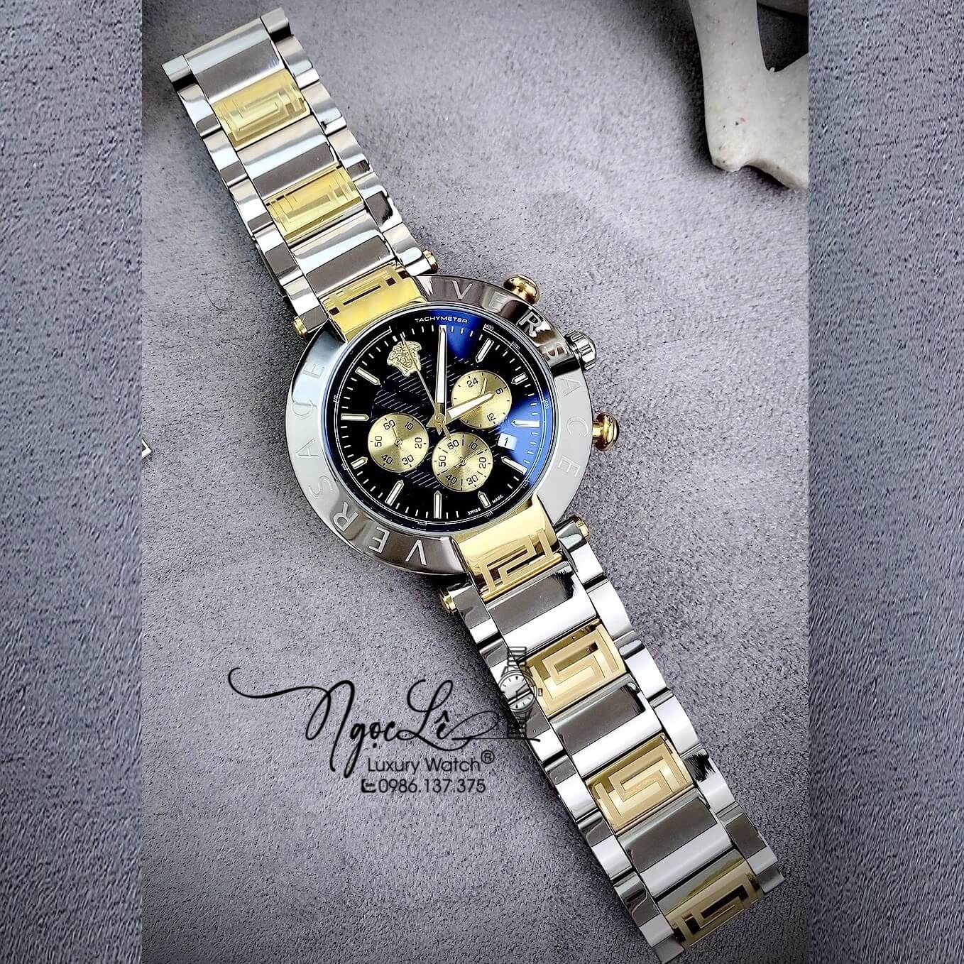 Đồng Hồ Nam Versace Reve Chrono Luminous Dây Kim Loại Demi Mặt Đen Size 46mm