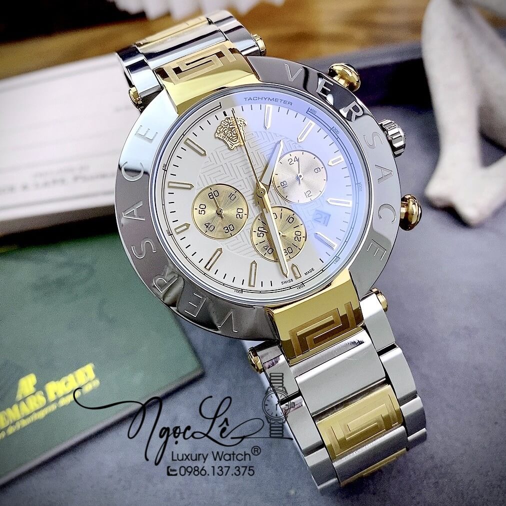 Đồng Hồ Nam Versace Reve Chrono Luminous Dây Kim Loại Demi Mặt Trắng Size 46mm
