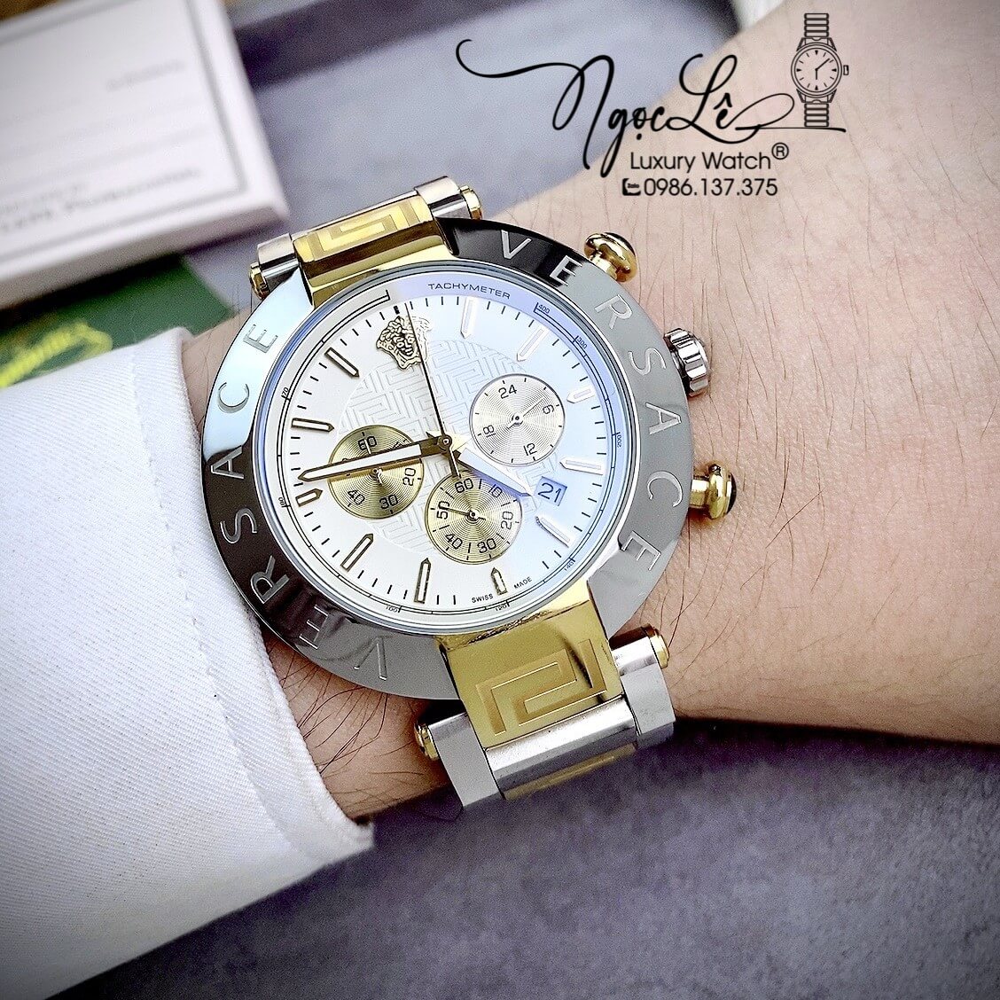 Đồng Hồ Nam Versace Reve Chrono Luminous Dây Kim Loại Demi Mặt Trắng Size 46mm