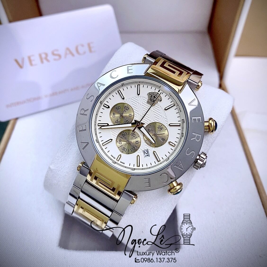 Đồng Hồ Nam Versace Reve Chrono Luminous Dây Kim Loại Demi Mặt Trắng Size 46mm