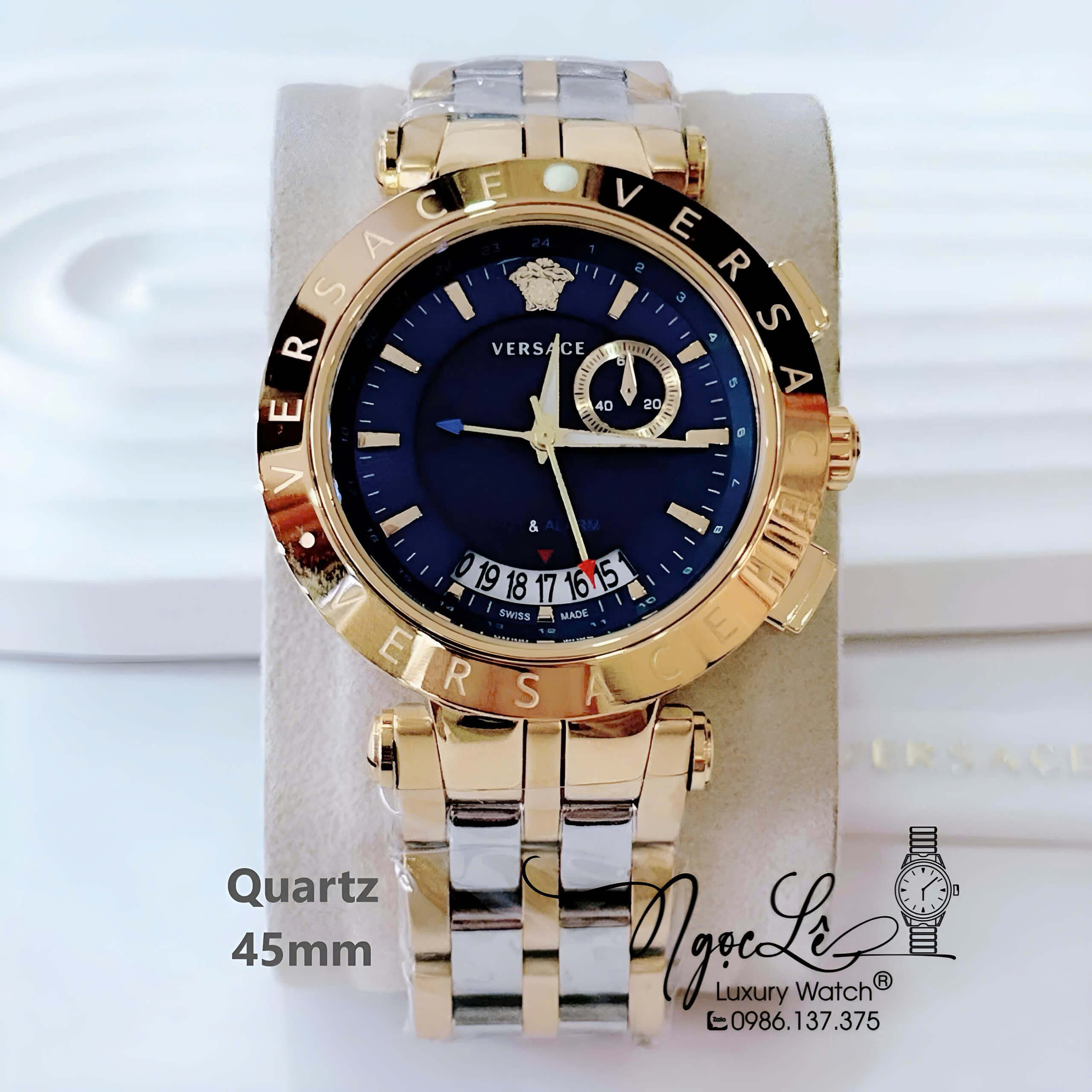 Đồng Hồ Nam Versace V-Race 5 Kim Dây Kim Loại Demi Vàng Mặt Xanh Size 45mm