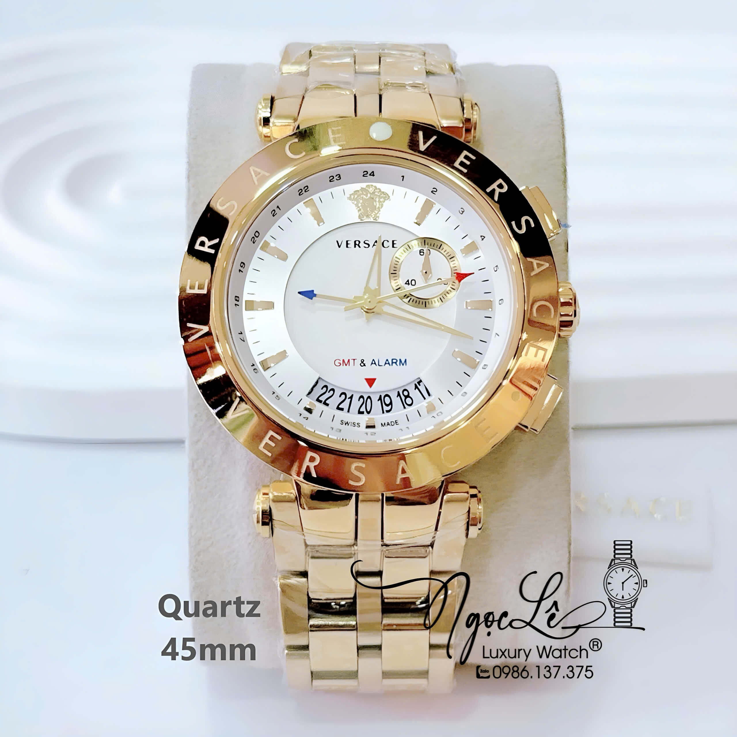 Đồng Hồ Nam Versace V-Race 5 Kim Dây Kim Loại Vàng Mặt Trắng Size 45mm