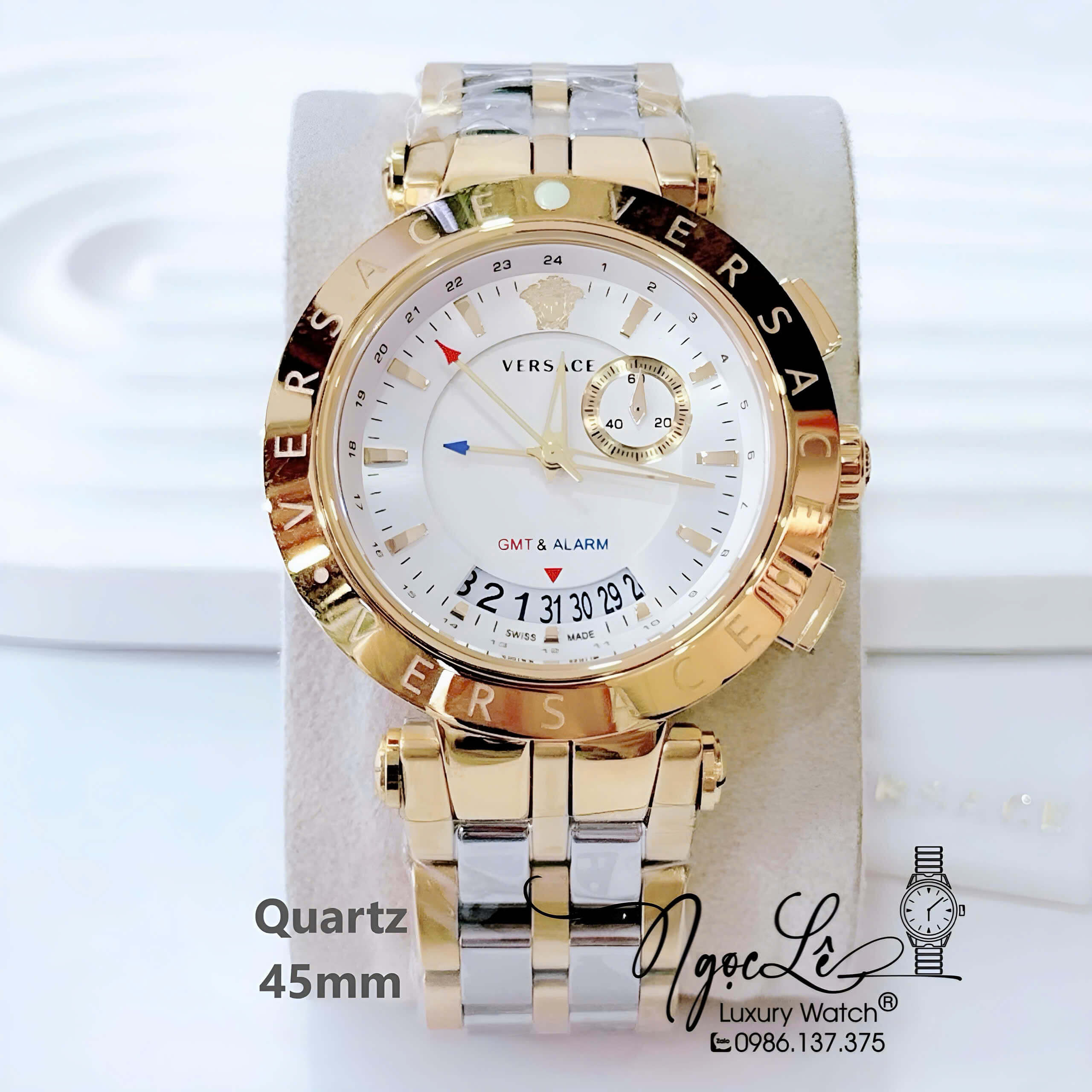 Đồng Hồ Nam Versace V-Race 5 Kim Dây Kim Loại Demi Vàng Mặt Trắng Size 45mm