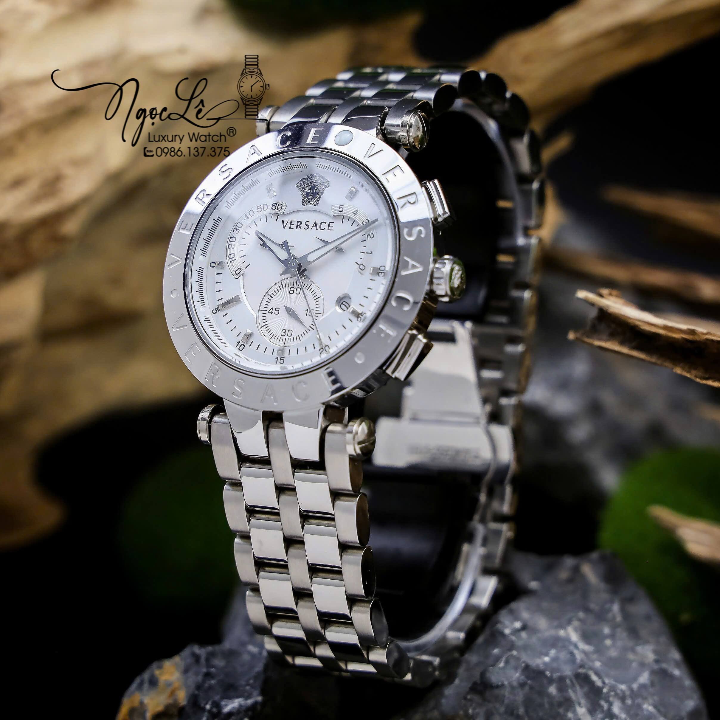 Đồng Hồ Nam Versace V-Race Dây Kim Loại Bạc Mặt Trắng 6 Kim Size 45mm