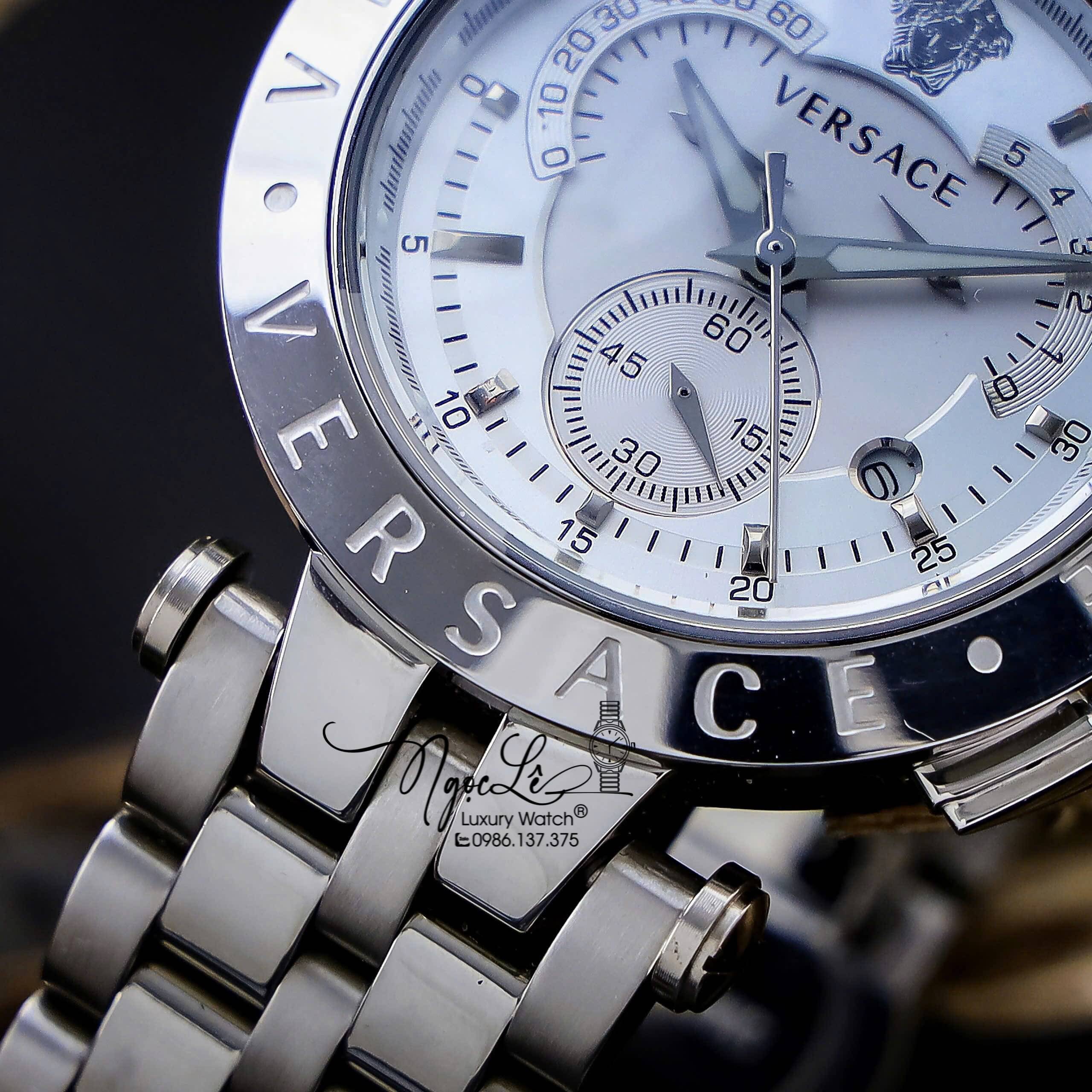 Đồng Hồ Nam Versace V-Race Dây Kim Loại Bạc Mặt Trắng 6 Kim Size 45mm