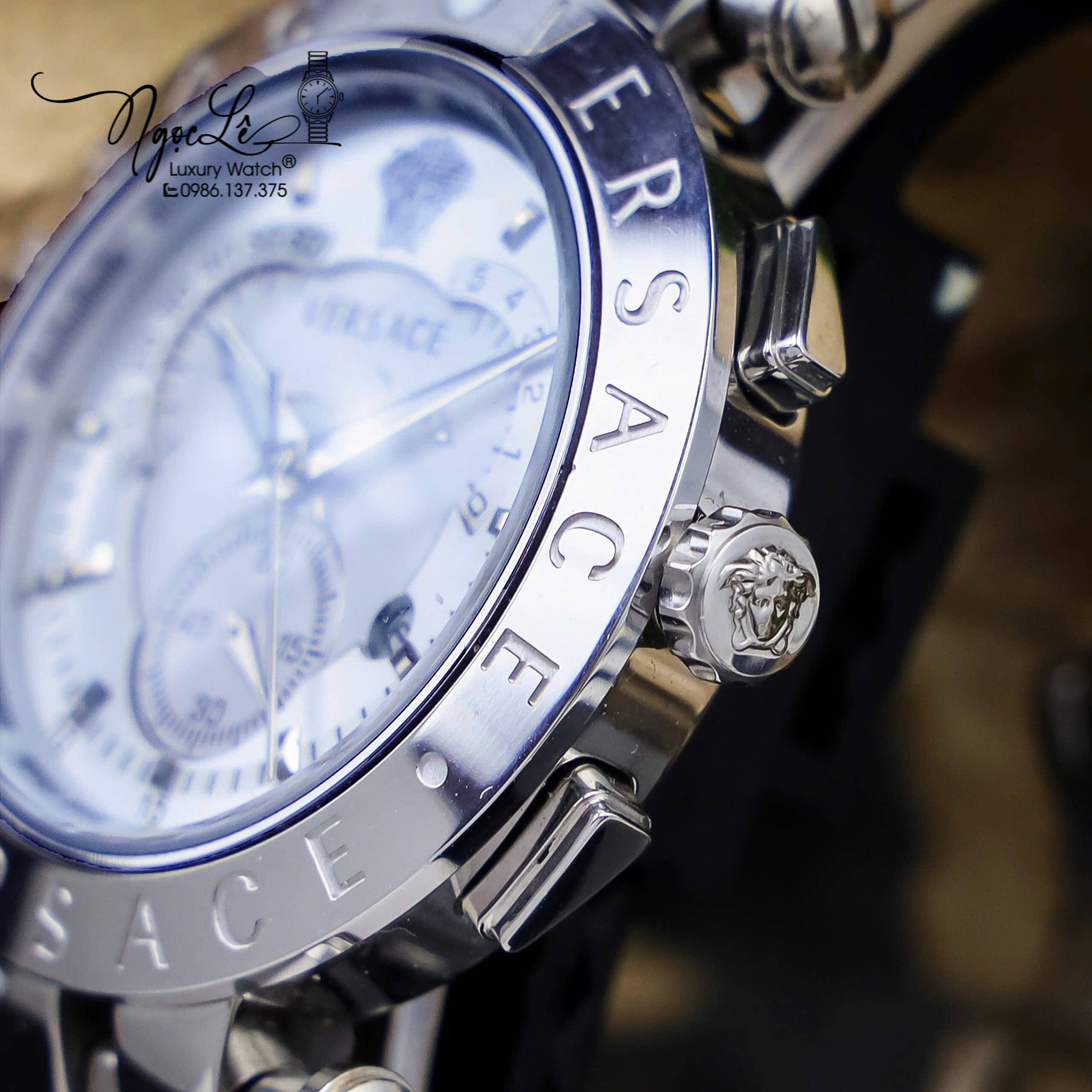 Đồng Hồ Nam Versace V-Race Dây Kim Loại Bạc Mặt Trắng 6 Kim Size 45mm
