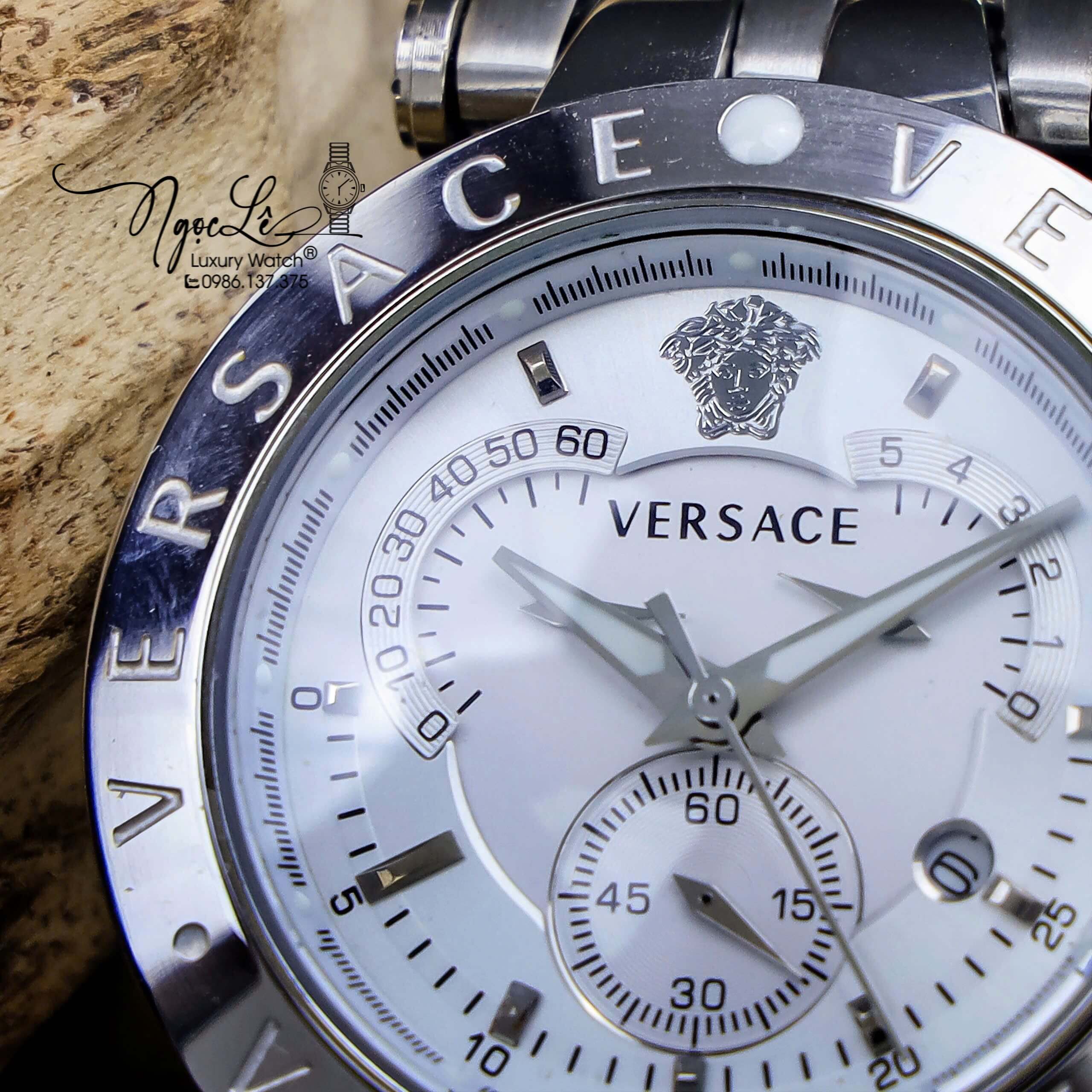 Đồng Hồ Nam Versace V-Race Dây Kim Loại Bạc Mặt Trắng 6 Kim Size 45mm