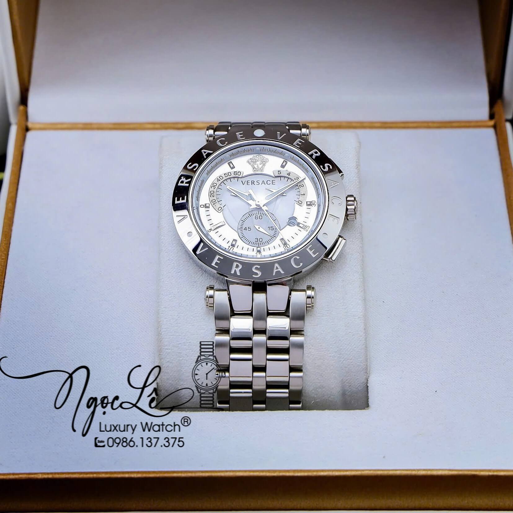 Đồng Hồ Nam Versace V-Race Dây Kim Loại Bạc Mặt Trắng 6 Kim Size 45mm