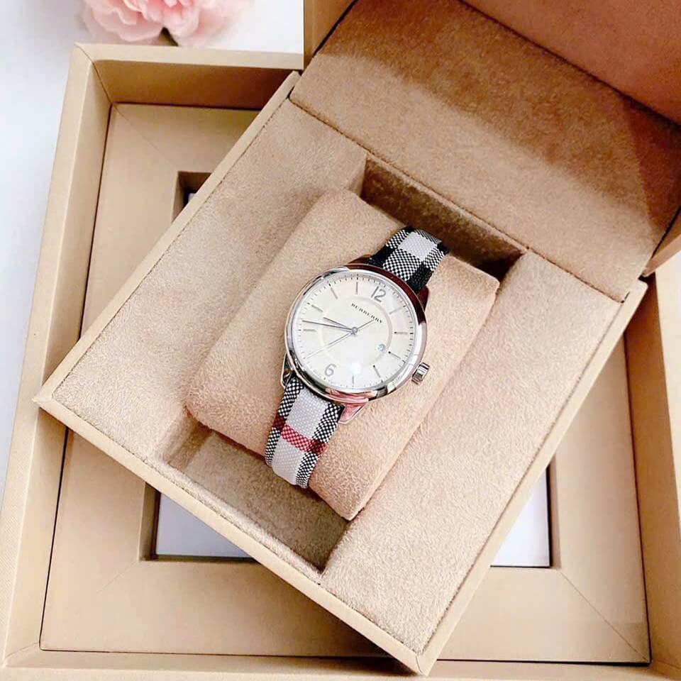 Đồng Hồ Nữ Burberry BU10103 Máy Thụy Sĩ Size 32mm - Dây Da Caro Đen Vỏ Silver