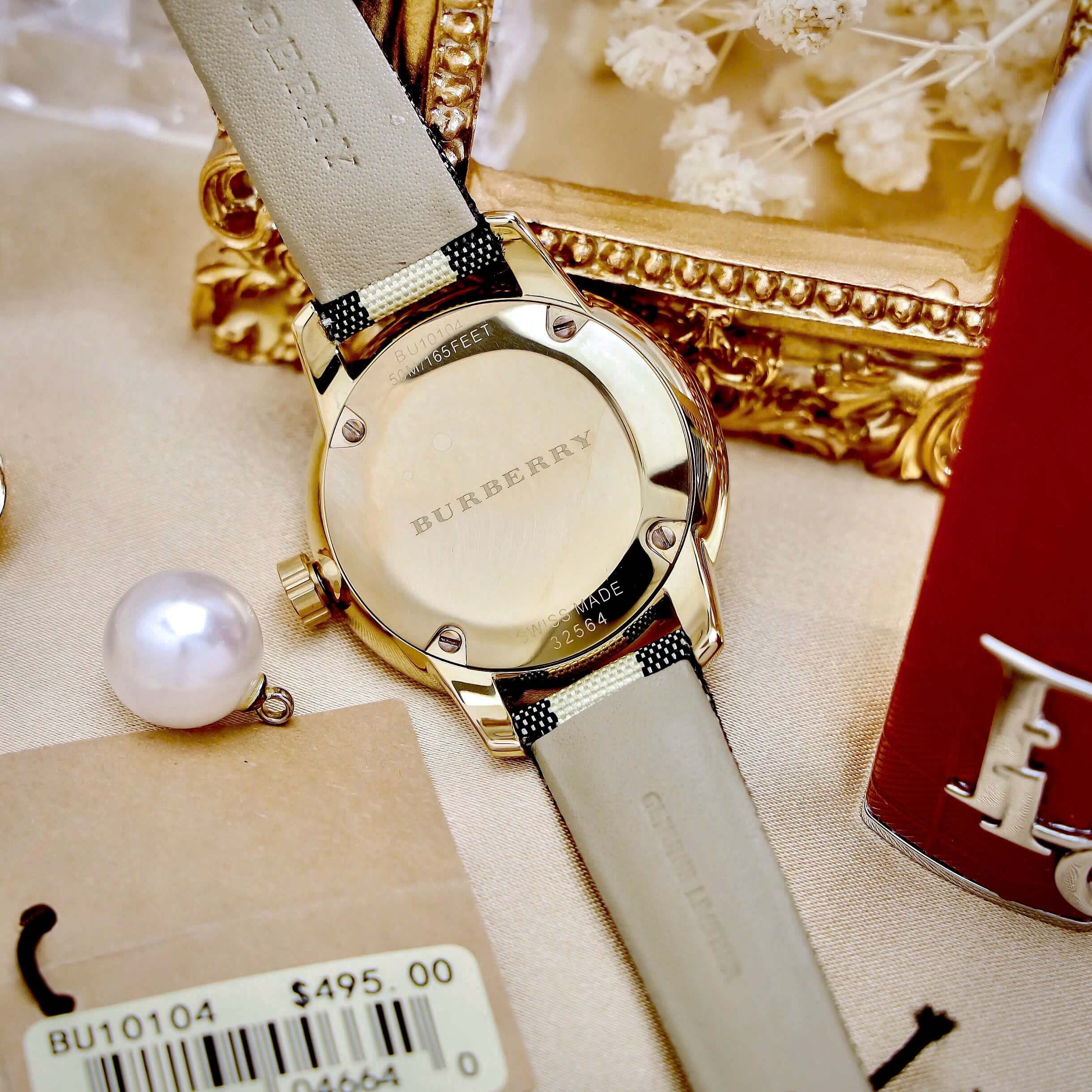 Đồng Hồ Nữ Burberry BU10104 Máy Thụy Sĩ Size 32mm - Dây Da Caro Vỏ Vàng
