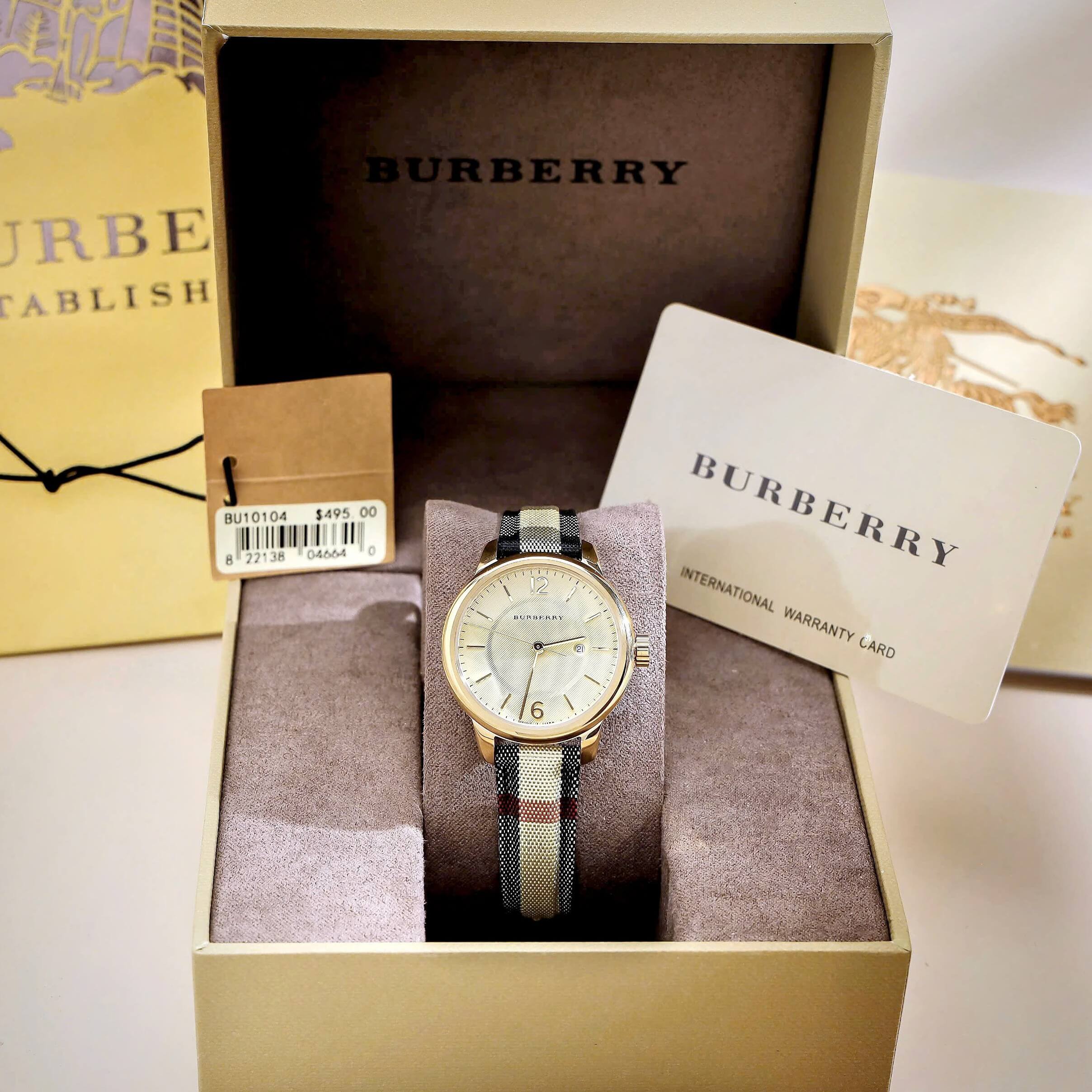 Đồng Hồ Nữ Burberry BU10104 Máy Thụy Sĩ Size 32mm - Dây Da Caro Vỏ Vàng