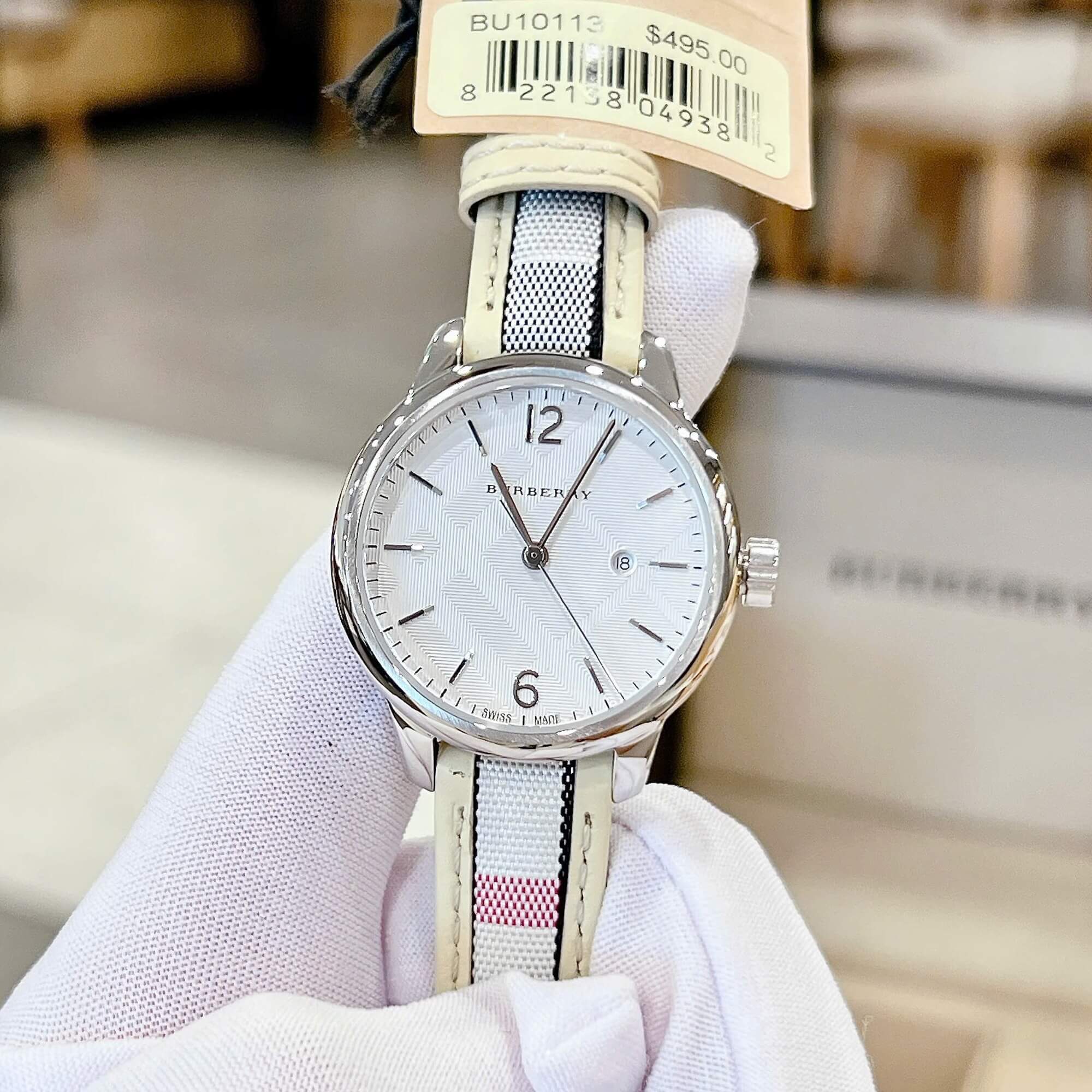 Đồng Hồ Nữ Burberry BU10113 Máy Thụy Sĩ Quartz Size 32mm Dây Da Caro Sọc Trắng Vỏ Silver