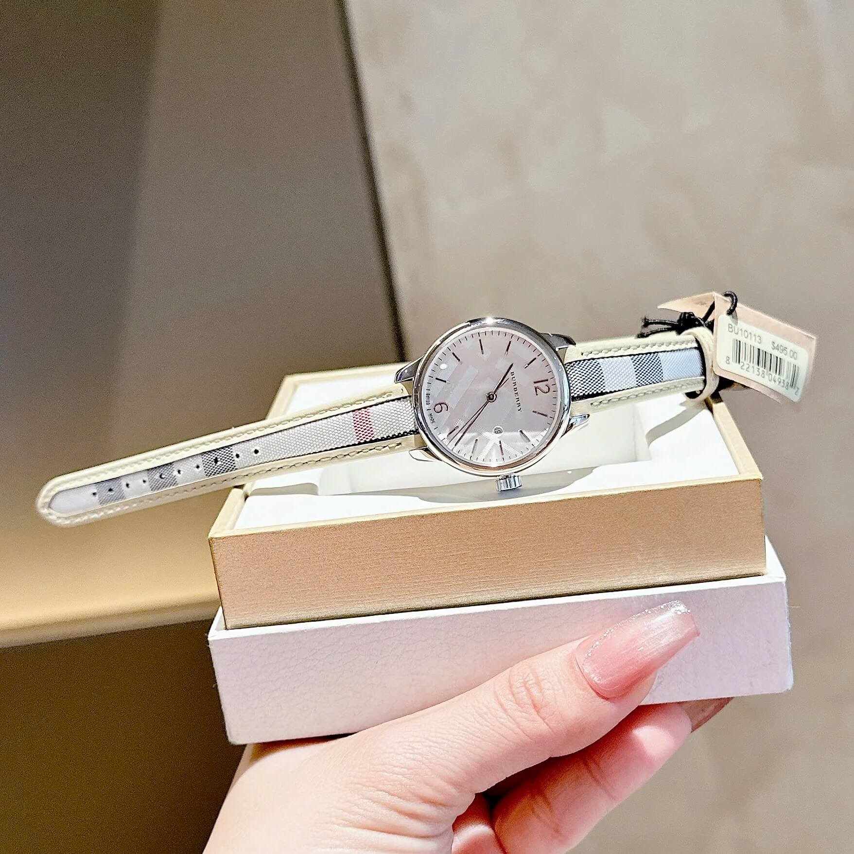 Đồng Hồ Nữ Burberry BU10113 Máy Thụy Sĩ Quartz Size 32mm Dây Da Caro Sọc Trắng Vỏ Silver