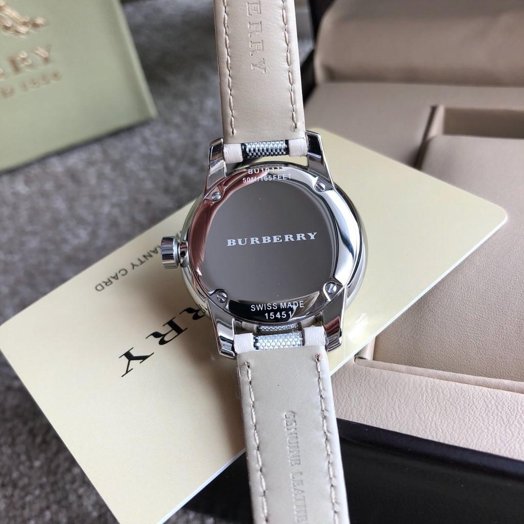 Đồng Hồ Nữ Burberry BU10113 Máy Thụy Sĩ Size 32mm - Dây Da Caro Sọc Trắng Vỏ Silver