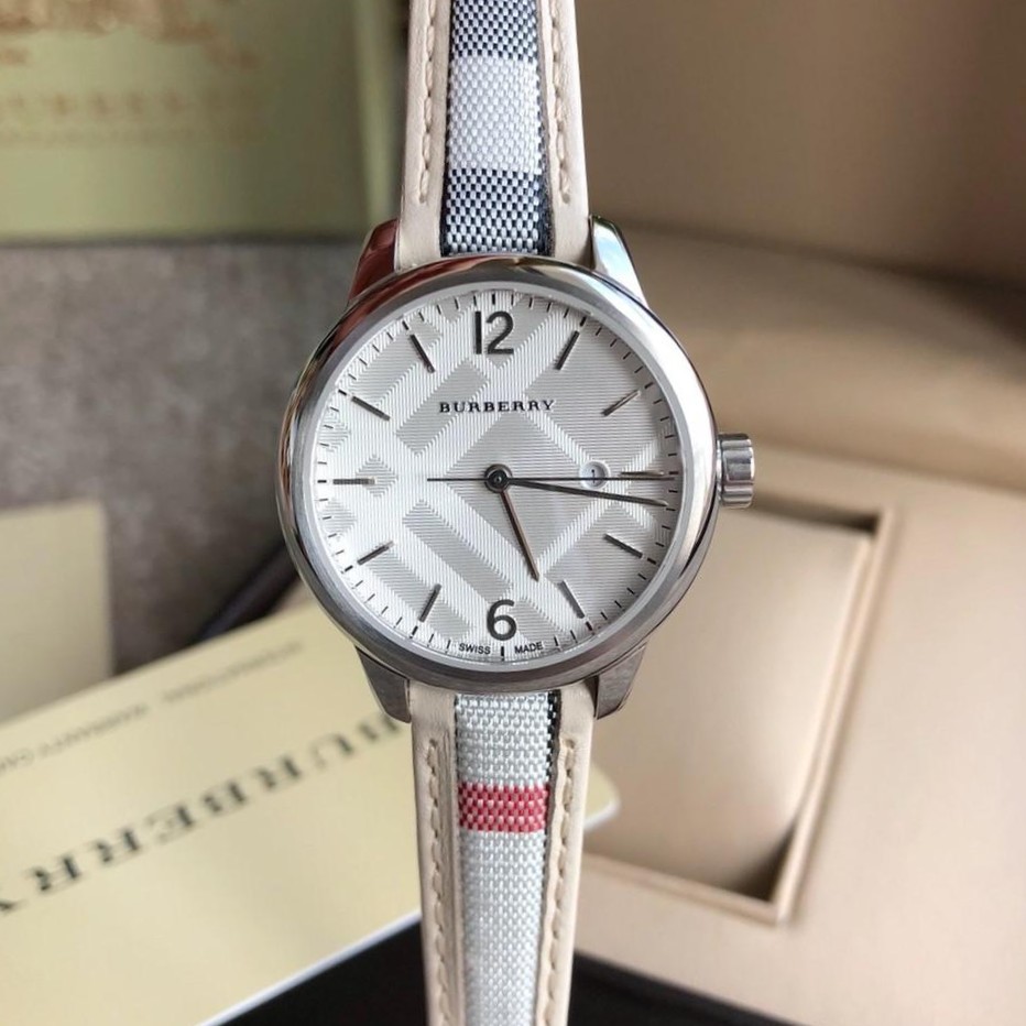 Đồng Hồ Nữ Burberry BU10113 Máy Thụy Sĩ Size 32mm - Dây Da Caro Sọc Trắng Vỏ Silver