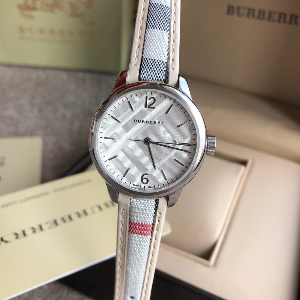 Đồng Hồ Nữ Burberry BU10113 Máy Thụy Sĩ Size 32mm - Dây Da Caro Sọc Trắng Vỏ Silver