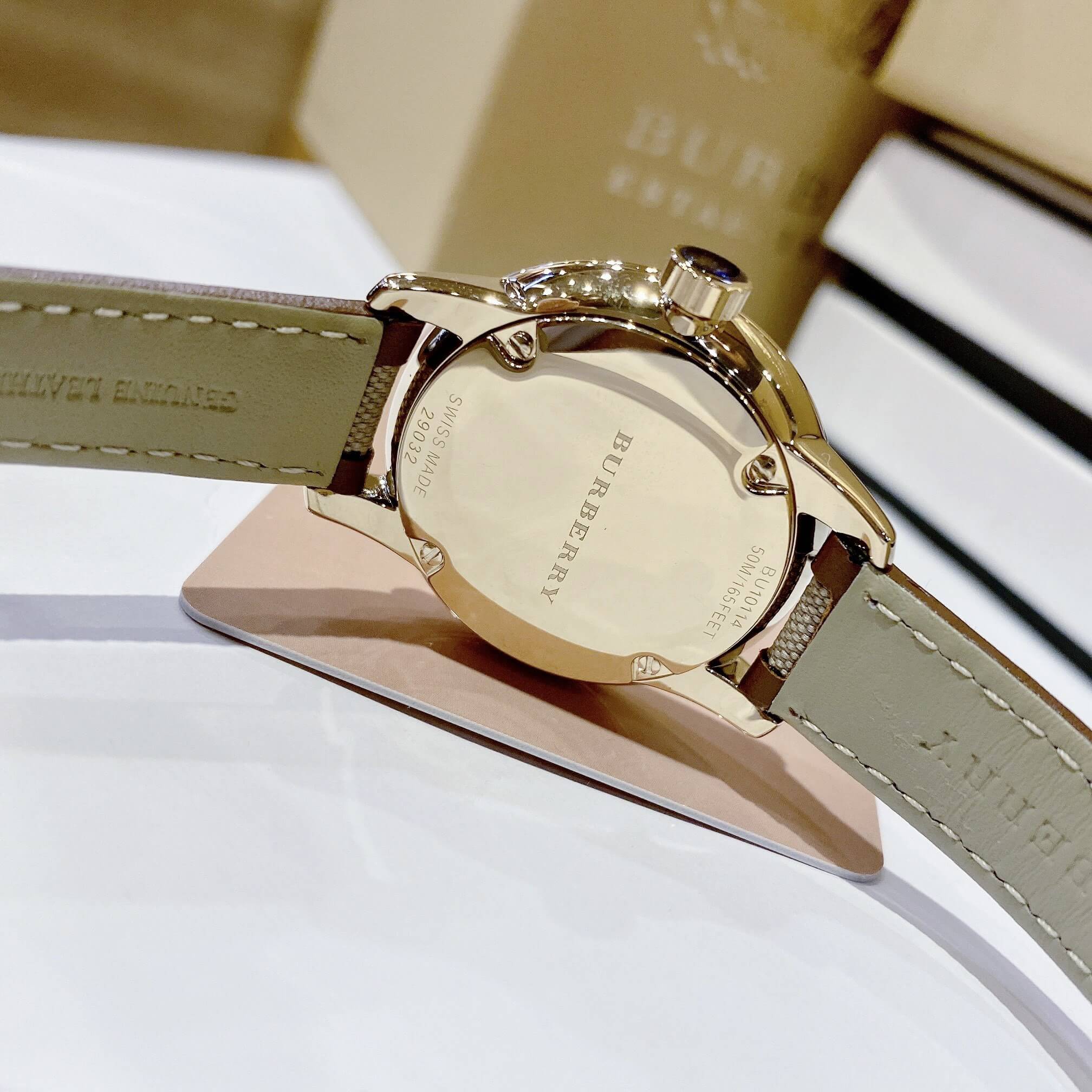 Đồng Hồ Nữ Burberry BU10114 Máy Thụy Sĩ Size 32mm - Dây Da Caro Viền Nâu Vỏ Vàng
