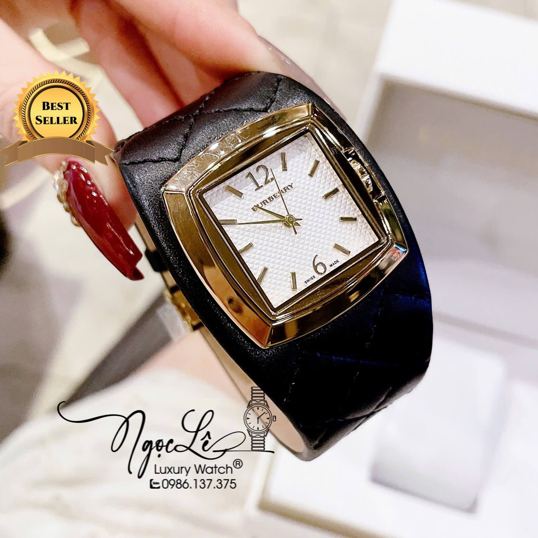 Đồng Hồ Nữ Burberry Dây Da Đen Trần Trám Mặt Vuông Trắng Size 36x36mm