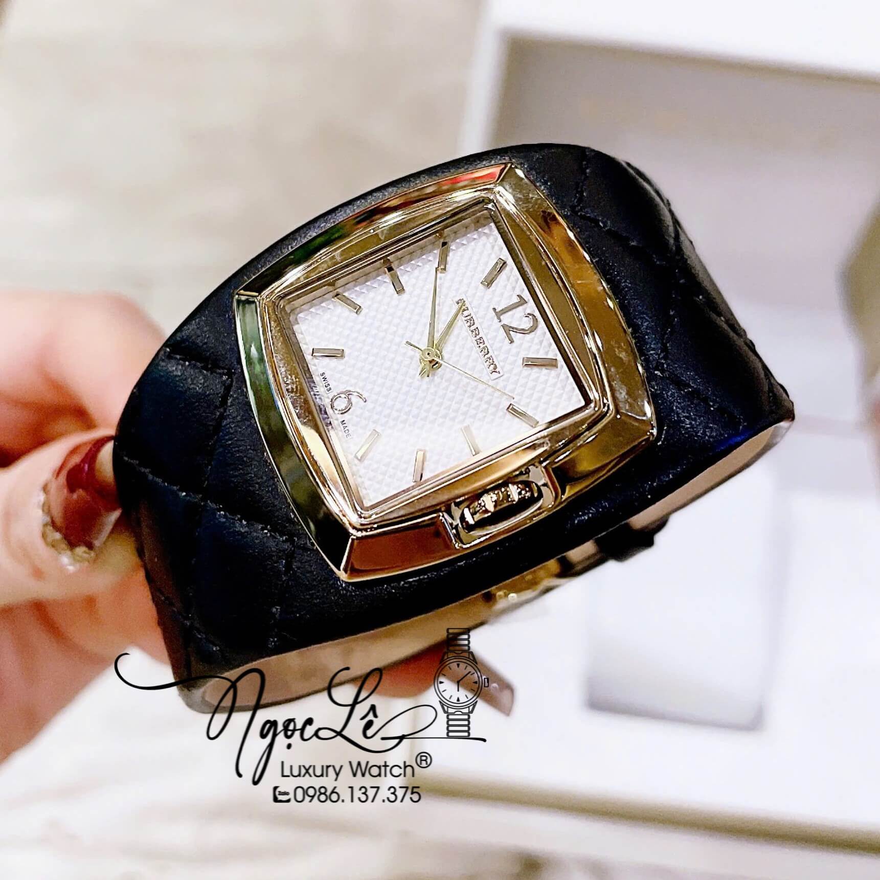 Đồng Hồ Nữ Burberry Dây Da Đen Trần Trám Mặt Vuông Trắng Size 36x36mm