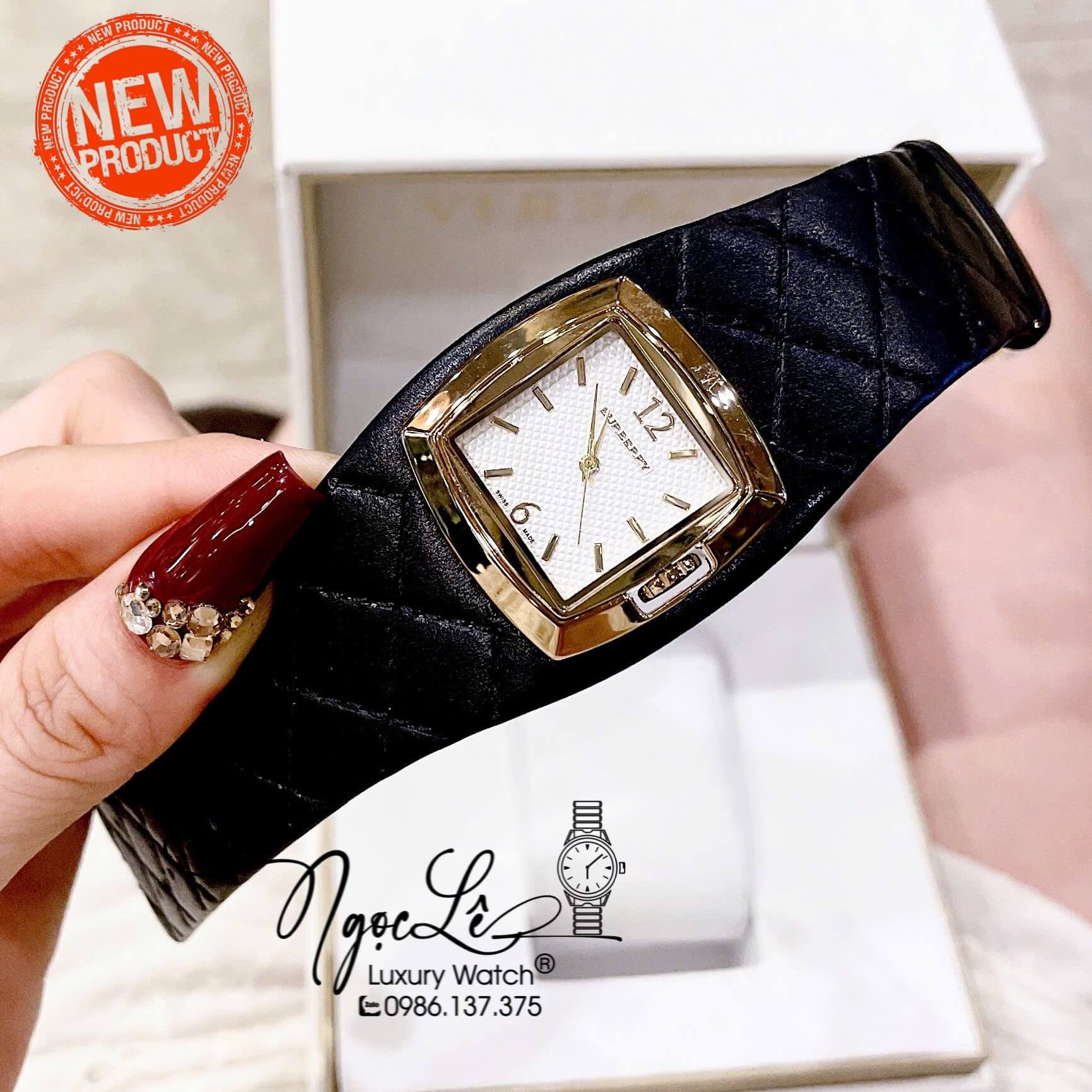 Đồng Hồ Nữ Burberry Dây Da Đen Trần Trám Mặt Vuông Trắng Size 36x36mm